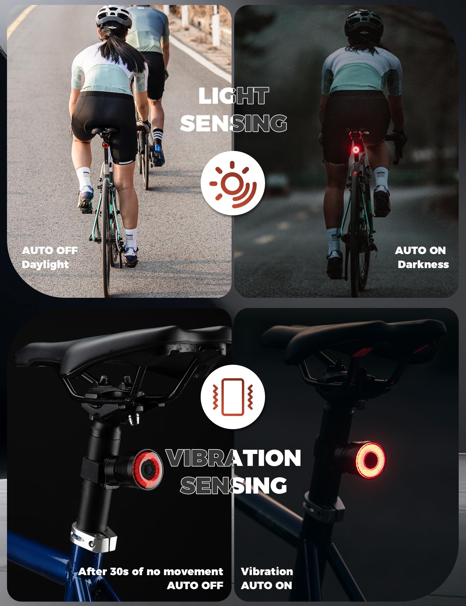 ROCKBROS Luz Trasera de Bicicleta Inteligente con Sensor de Frenado, Luz de Seguridad USB Recargable Impermeable IPX6, Aleación de Aluminio, 4 Modos de Iluminación para Seguridad Nocturna en Ciclismo