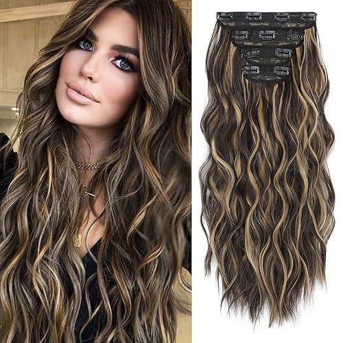 REECHO Extensiones de cabello, 4 extensiones de cabello con clip, HE001, extensiones de cabello sintético suave natural para mujer, marrón oscuro