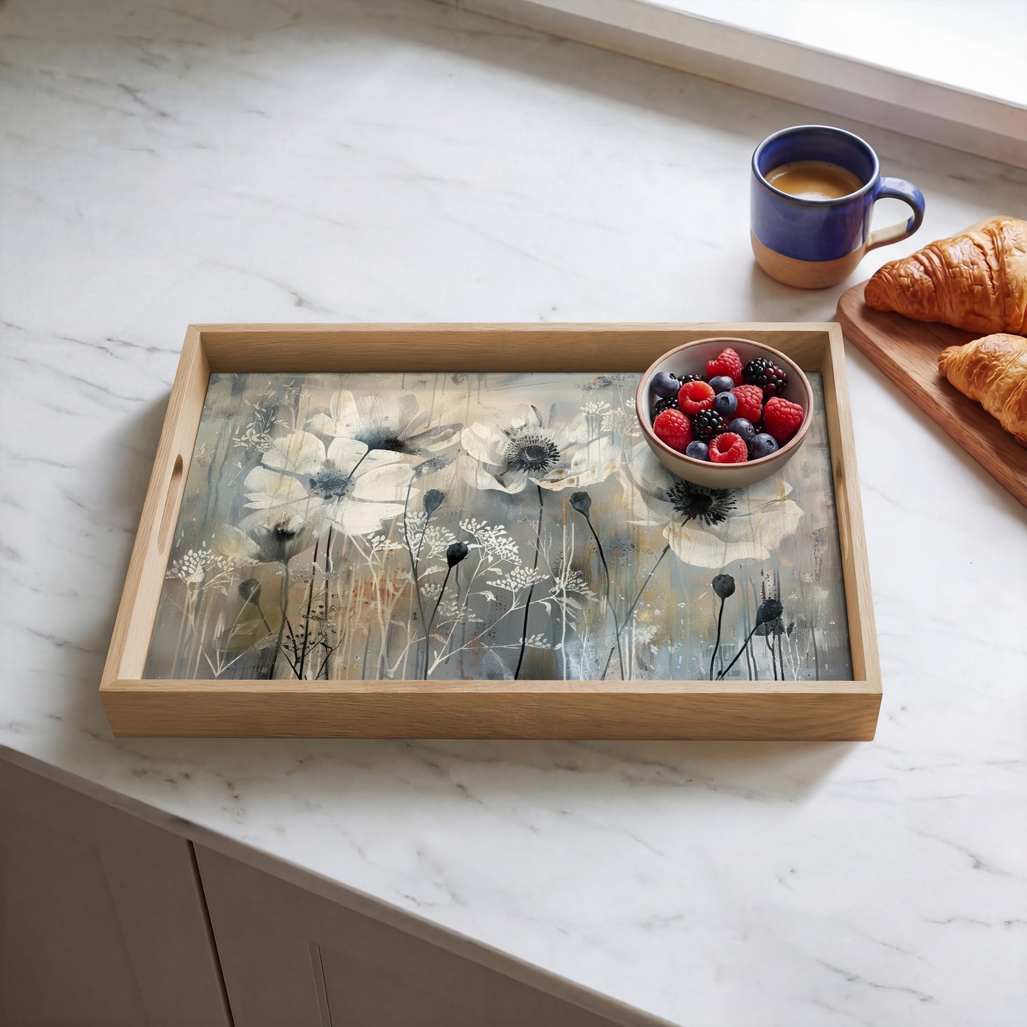 Tablett Rechteckig 50x35 cm Serviertablett rutschfest Griff Küchentablett Servierplatte Eiche Holztablett Henkel Hitzebeständig Blumen - Pflanzen - Grau - Abstrakt