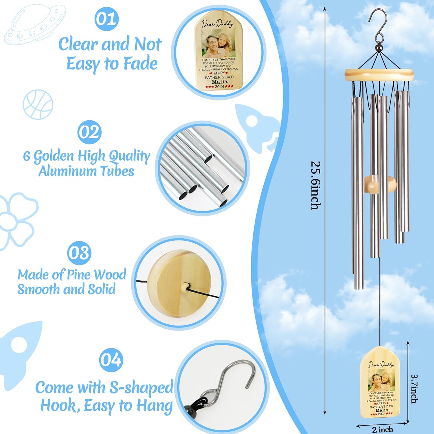 Fathers Day Wind Chime, Jocidea Fathers Day Presents for Dad, Personalized Gifts for Father's Day, Dad Gifts for Fathers Day - Really Really Love You