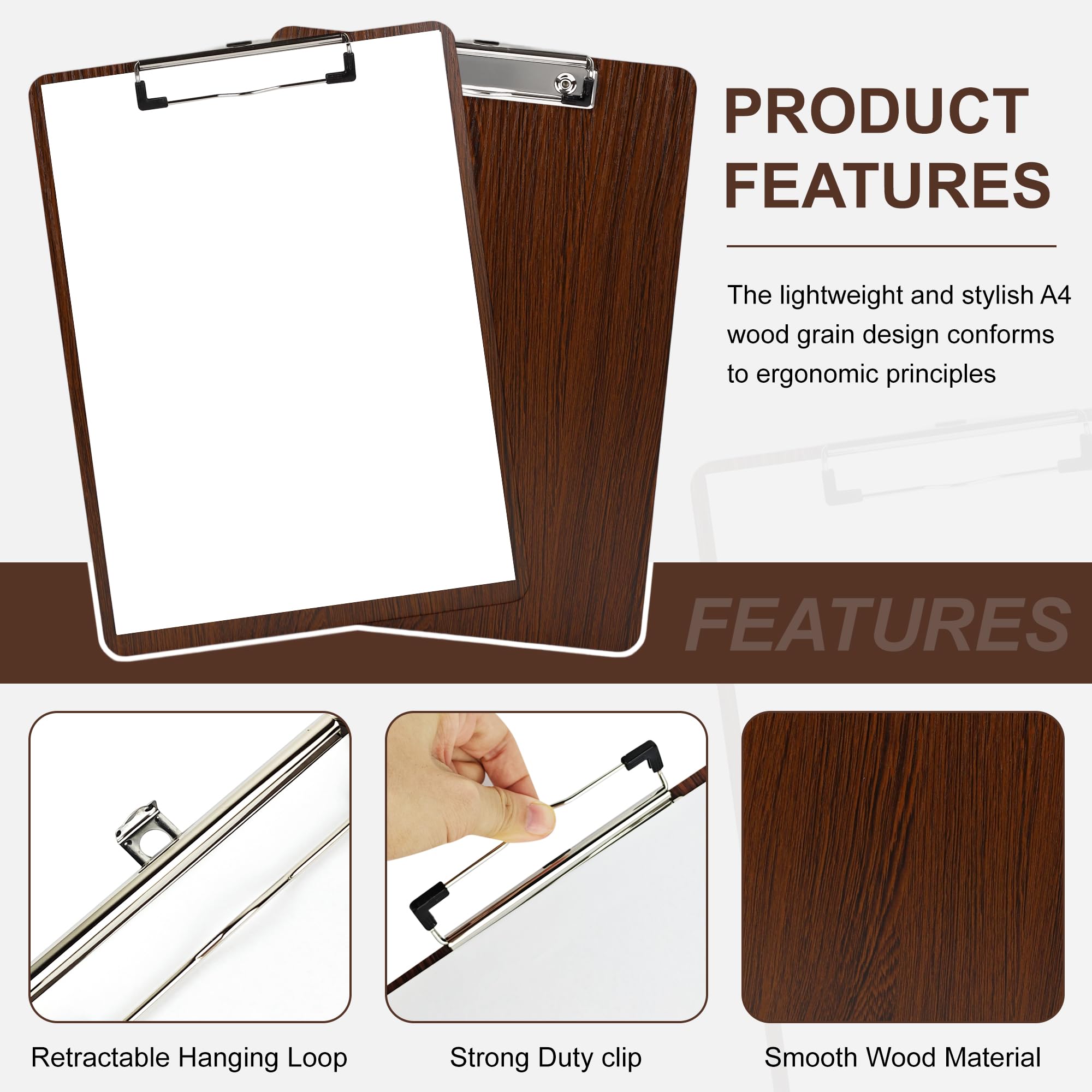 YKUKIZEE 10 Pack A4 Wooden Clipboard, Wood Menu Clipboard Hardboard, A4 Wooden Clip Board with Hanging Hole and Low Profile Metal Clip for Restaurant Office School - Image 3
