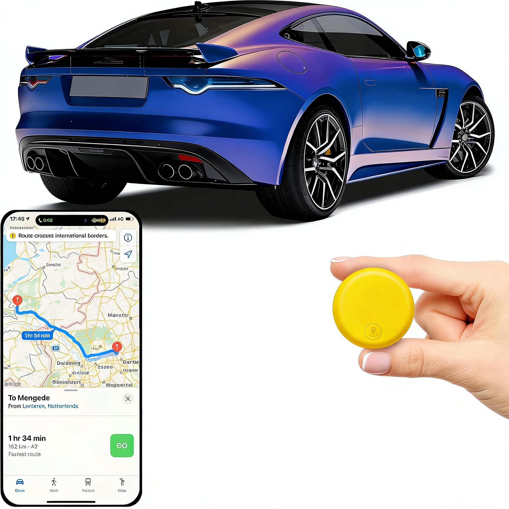 Traceur GPS sans Abonnement pour Voiture, Fixation magnétique Smart Tag Traceur Compatible iOS, Imperméable IP68, Idéal pour Bagages Moto et Objets Personnels Aucune Carte SIM requise-Jaune