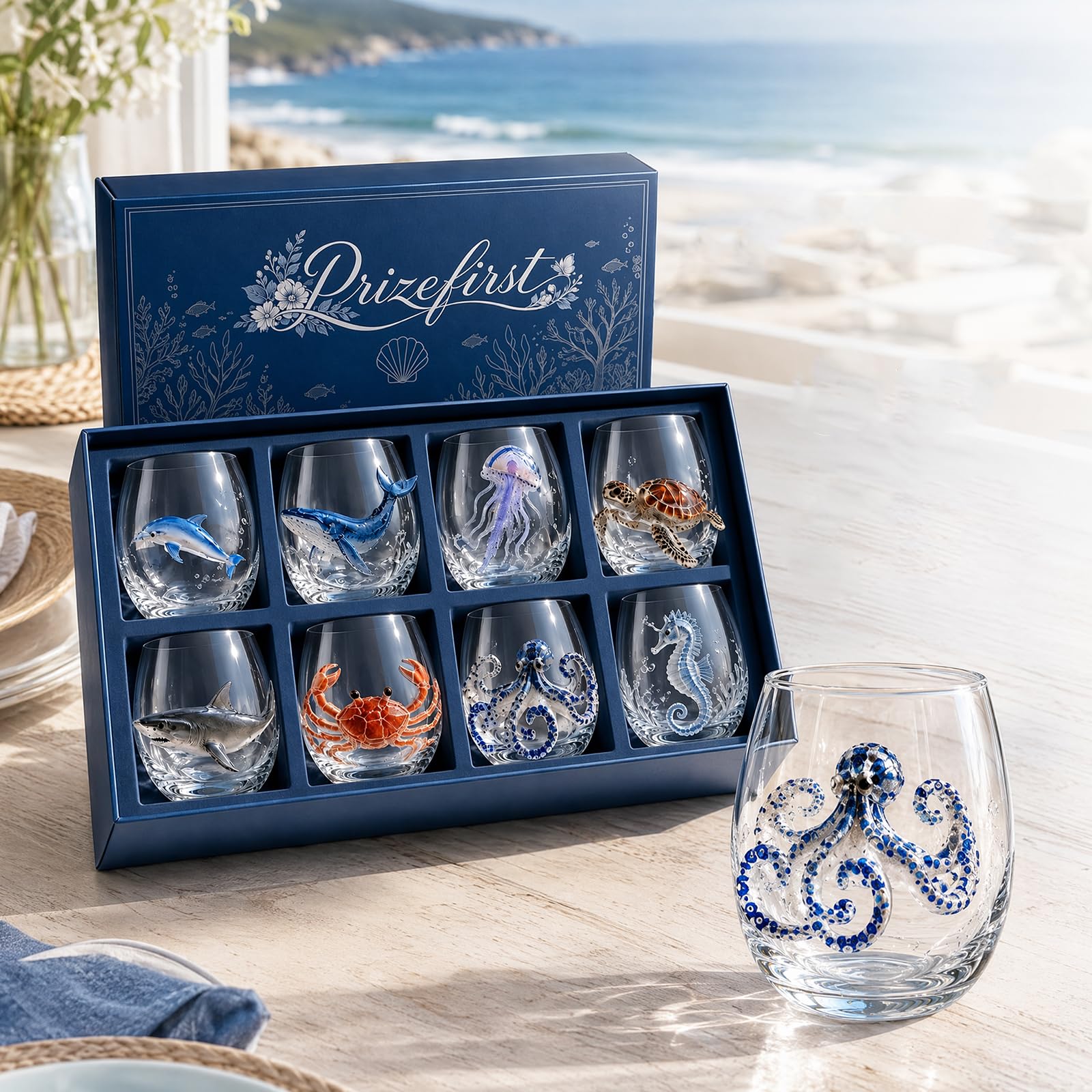 Blaugeringelter Oktopus Glas Set, 3D Ozean Kunst Trinkgläser 8 Stück | Handgefertigte Oktopus Trinkgläser. 3D Ozean Design. Set mit 8 einzigartigen Stücken. Ideal für Ozeanliebhaber als Geschenk.