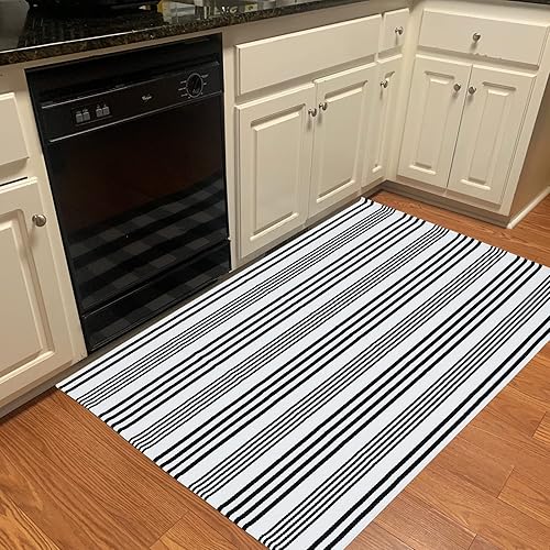 Miniatura 117 de CAINANEL Alfombra de exterior a rayas blancas y negras de 27.5 x 43 pulgadas, tapete de algodón tejido a mano para interiores y exteriores