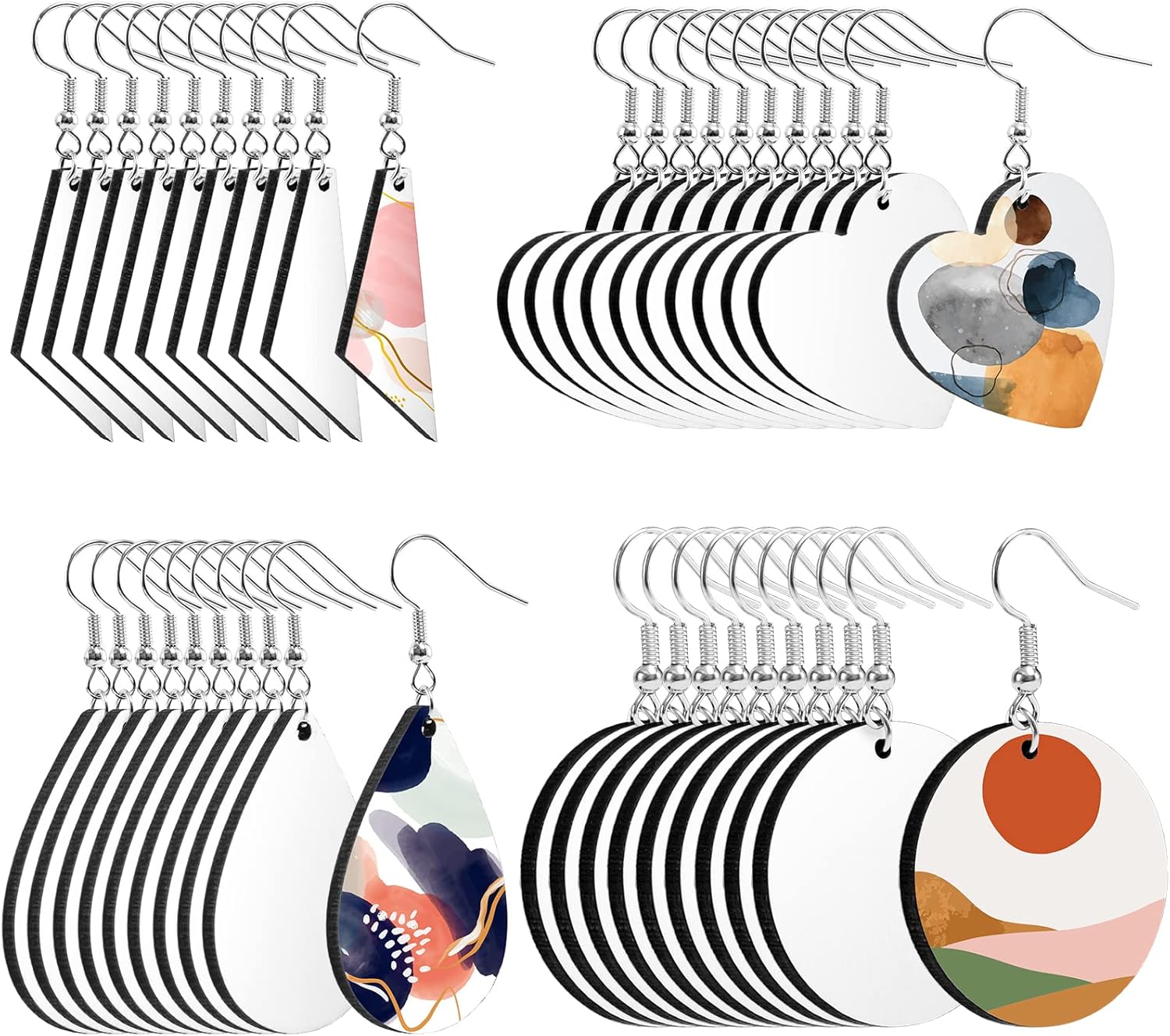 Whaline 40Pcs Sublimation Blank Earrings Round Heart Teardrop Irregular Square MDF Board White Earrings Heat Transfer Earring Unfinished Wood Earring for Jewelry DIY Making Crafts Supplies
