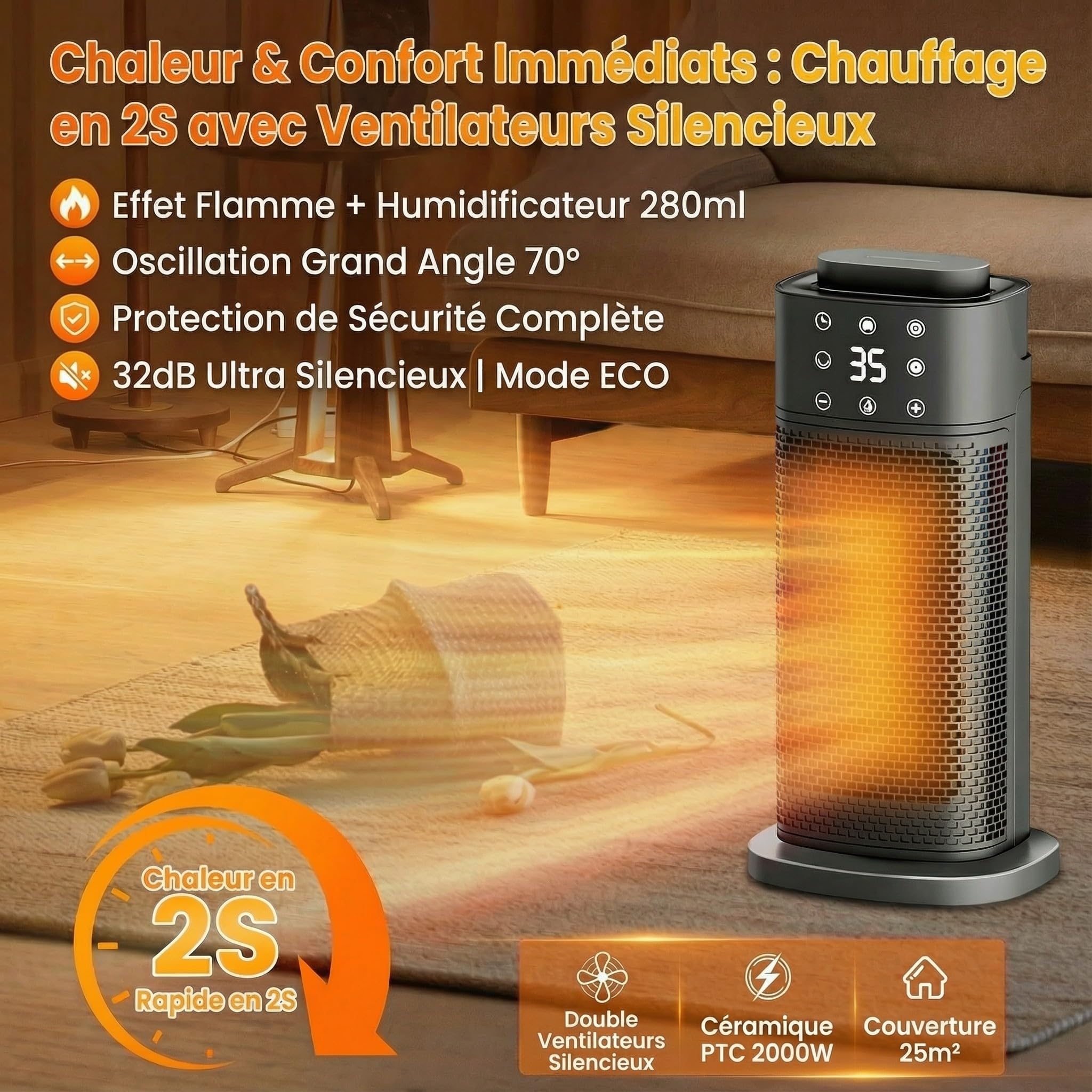 Chauffage d'appoint,radiateur electrique,2000W, Basse Consommation et Silencieux, avec Humidificateur & Minuterie