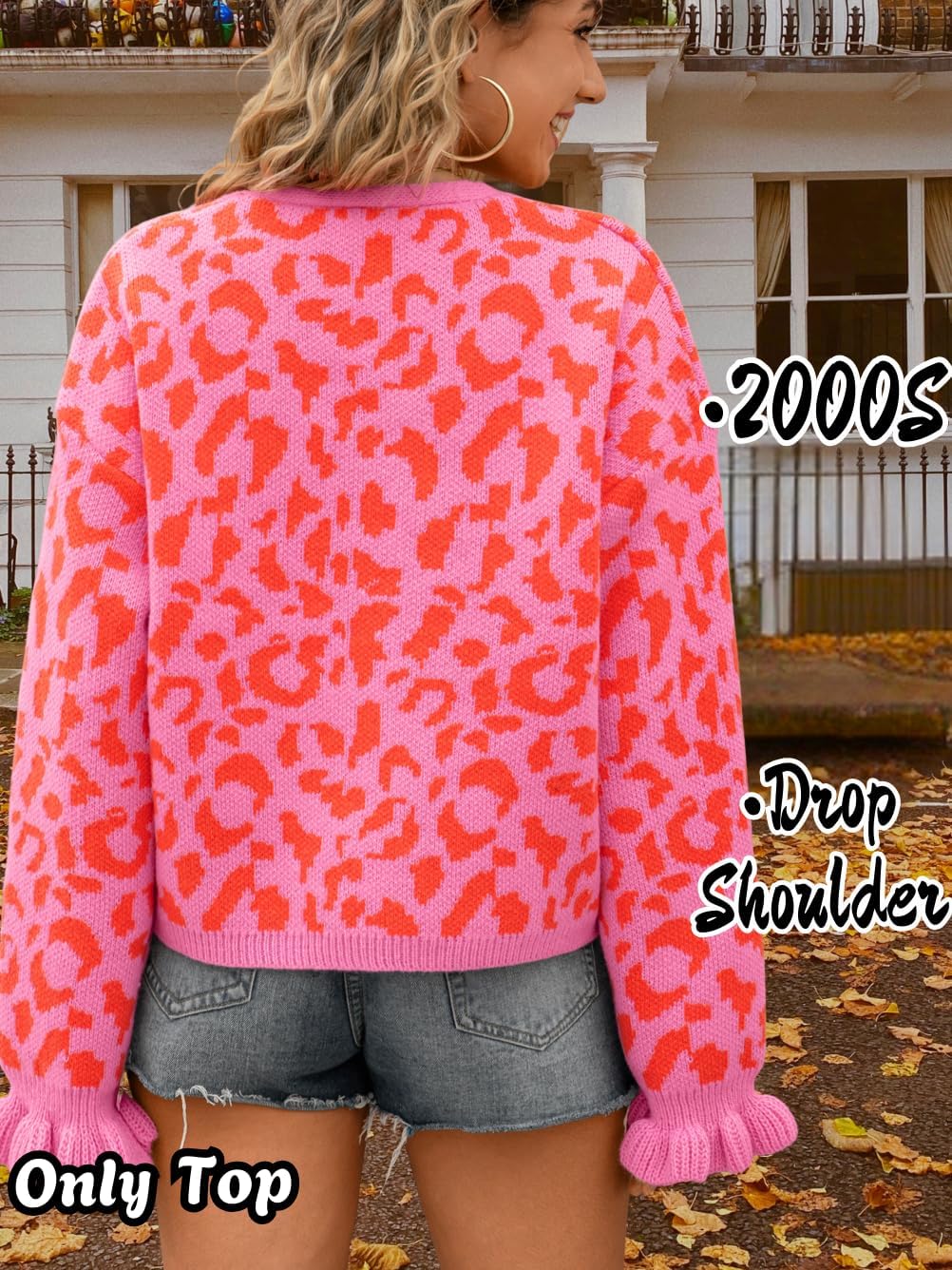 Womens 2000s Bow Cardigan, V-Neck Tie Open Front Loose, Leopard Ruffle Cuffs Knit Sweater, Cute Valentines Outfit - Image 4