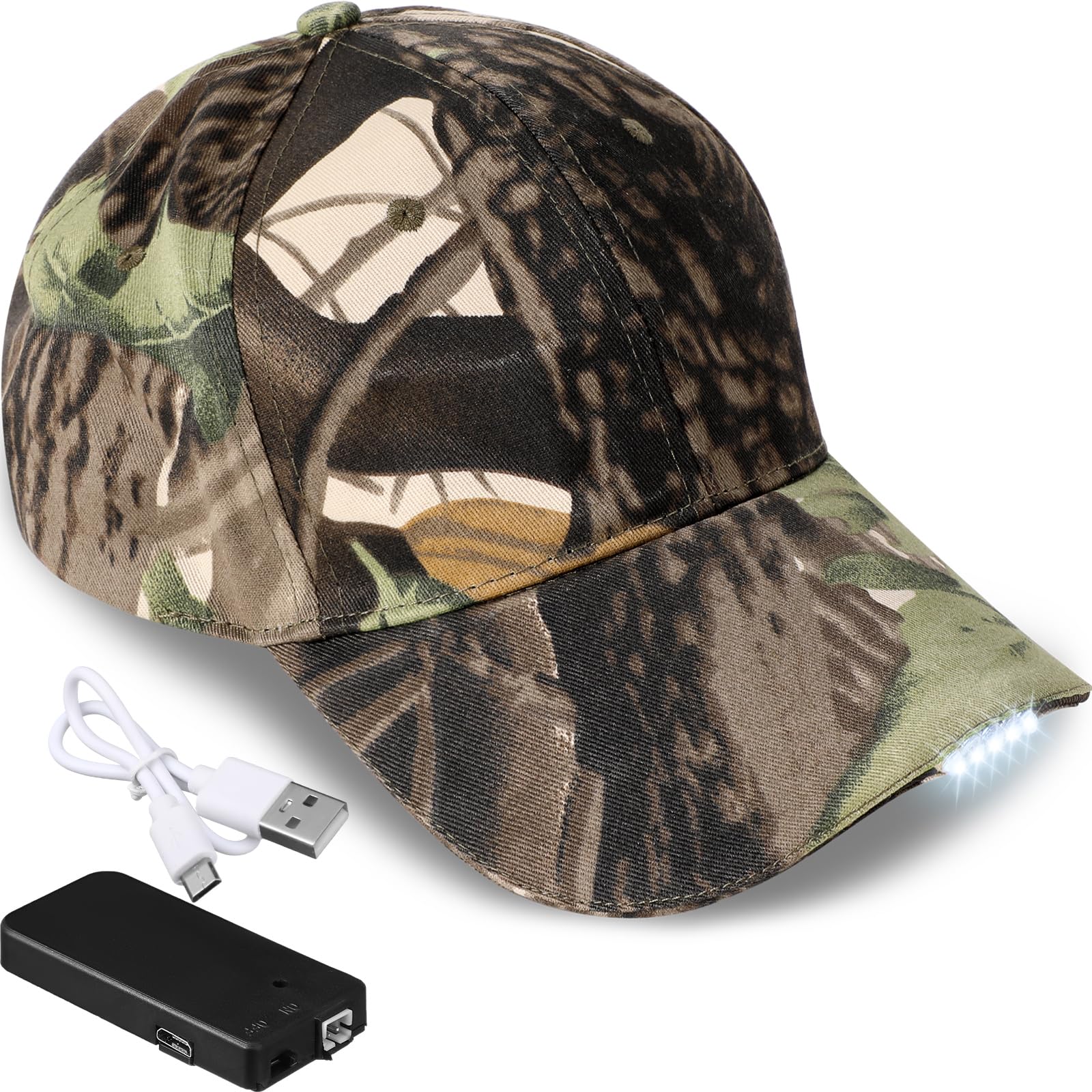 Coume Hutlicht LED Ultralang Batterie Ausdauer LED Kappe Eingebaute Lichtkappe USB Wiederaufladbare Volle Baumwolle Einstellbar Licht Hut für Angeln Joggen Camping (Camouflage)