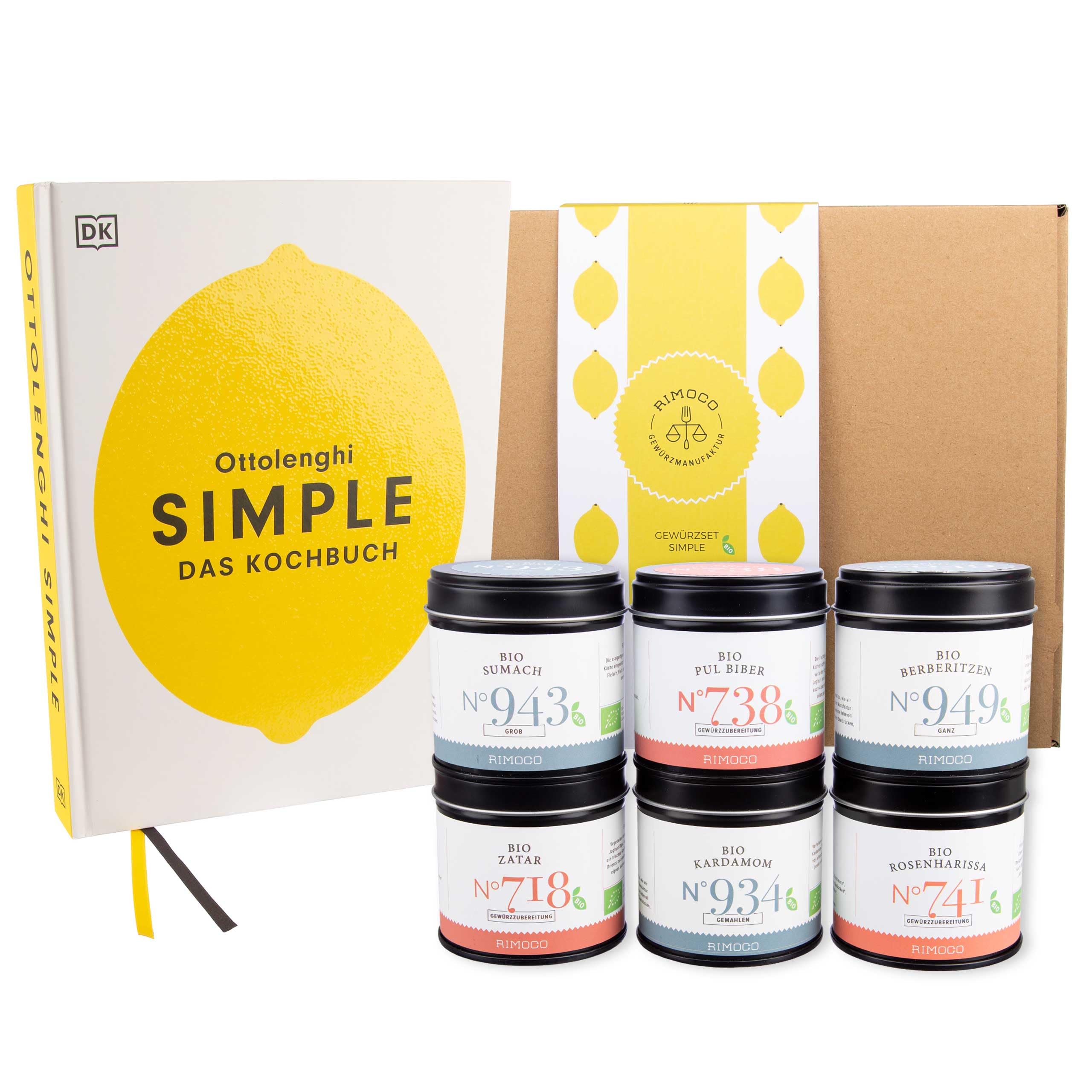 Rimoco Ottolenghi Geschenkset "Simple" - Set Inhalt: Ottolenghi Simple Das Kochbuch - Gewürze: Sumach 60g, Harissa 55g, Pul Biber 70g, Kardamom 45g, Zatar 50g, Berberitzen 40g