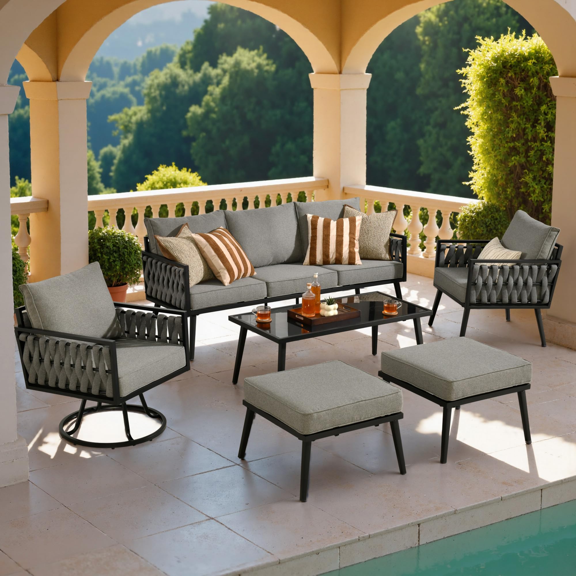 ORMONO Patio Furniture Sets for 6 with Swivel Chair, Outdoor Conversation Sets 6 Pcs, 1x Coffee Table. 1xSwivel Chair, 1x3-Seat Sofa, 2xOttomans for