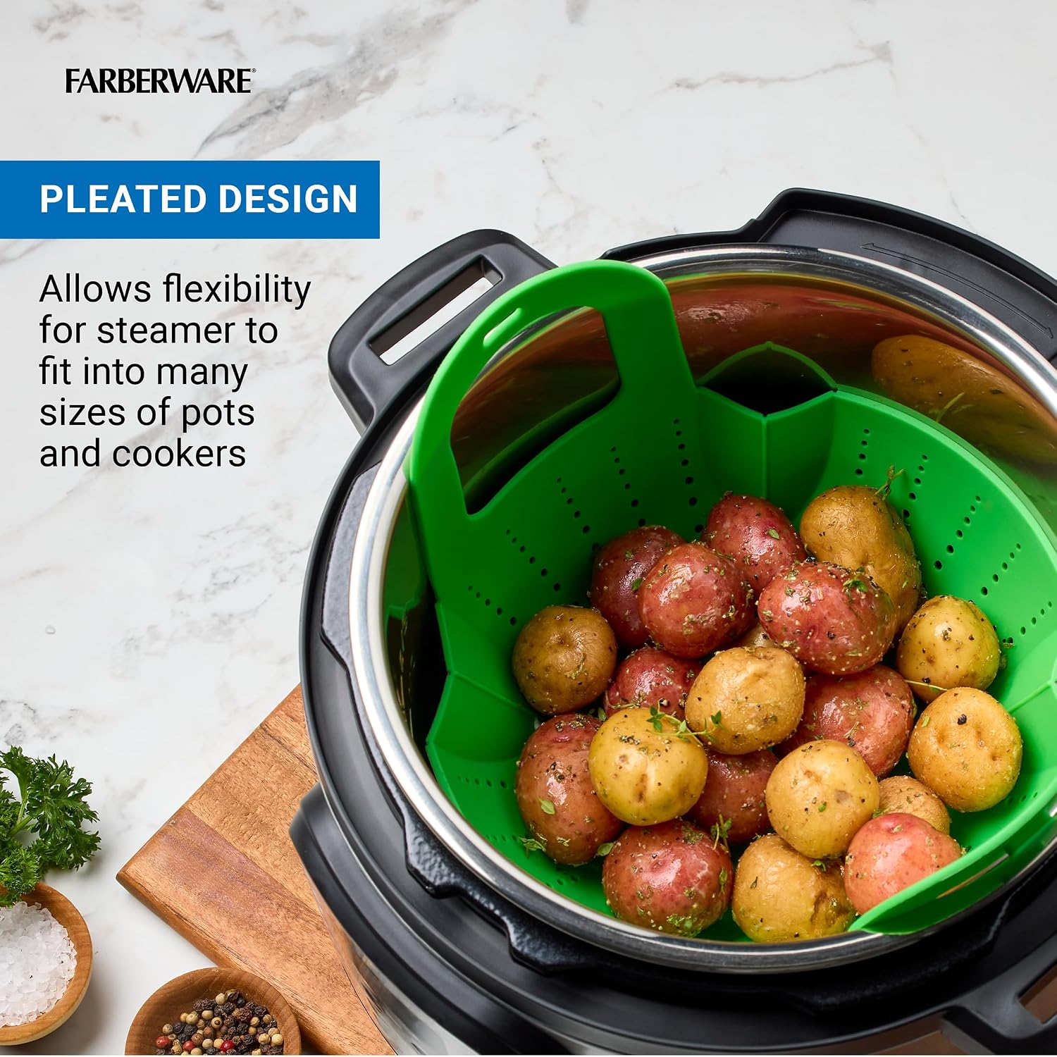 Farberware Silicone Steamer Basket with Interlocking Handles – Heat-Resistant 450F Food Safe Silicone Steamer Insert – High Walls Keep Food Above Water – Rolls Up for Compact Storage – Dishwasher Safe
