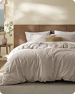 Bedsure Cotton Duvet Cover Queen Size - Luxury Slub Weave 100% Cotton Duvet Cover with a Linen Like Textured, Easy Change Durable Bedding, Natural Linen, 90" x 90"