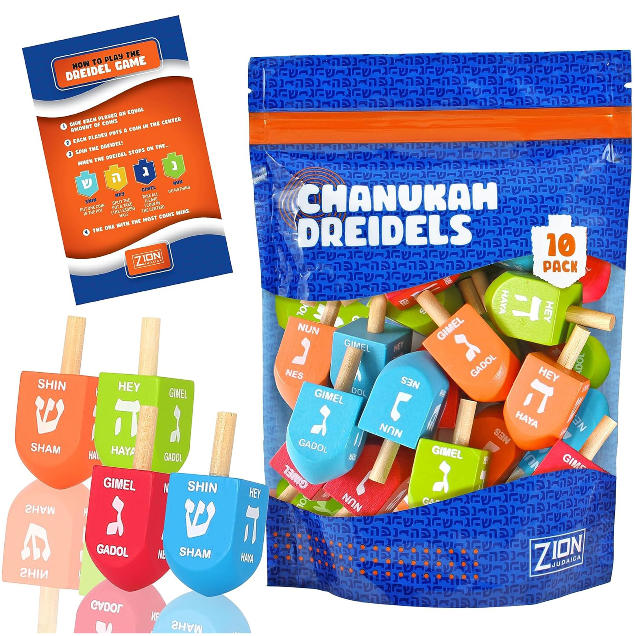 Zion Judaica Colored Wooden Dreidels 1.75
