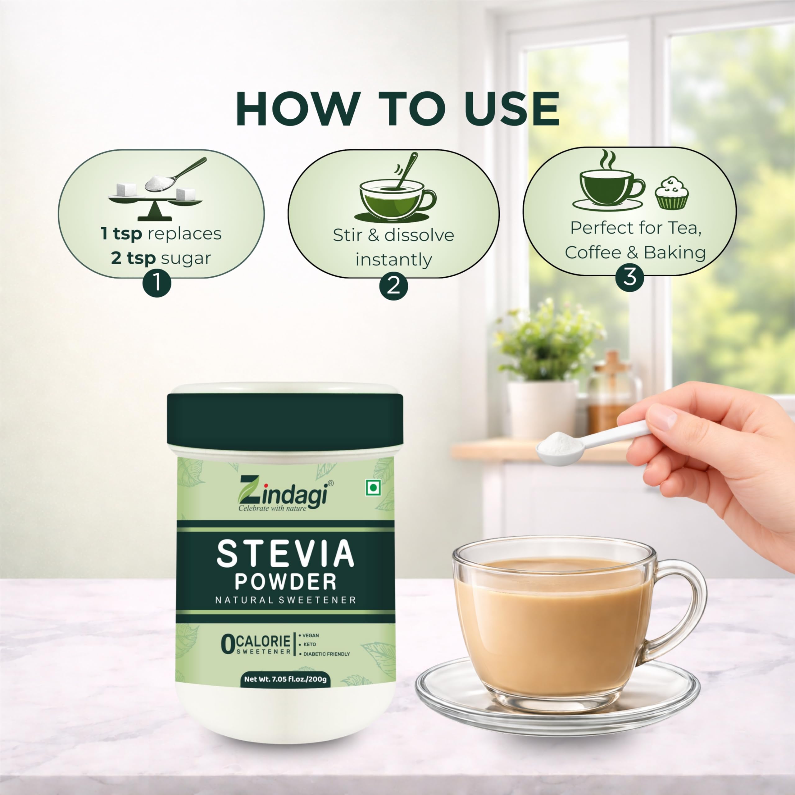 Zindagi Stevia Powder | Stevia Plant Based Sweetener | Stevia Zero Calories Sugar Free | Pack Of 2 3