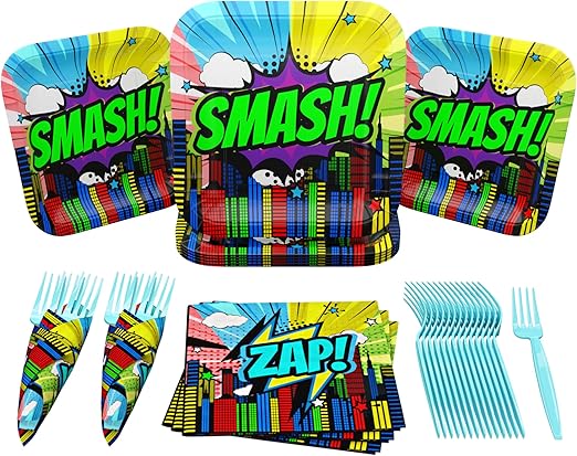 Blue Orchards Comic Superhero Value Party Supplies (64 Pieces for 20 Guests) - Superhero Themed Birthday, Superhero Party Decoration, Plates and Napkin, Super Hero Brithday Party for Boys