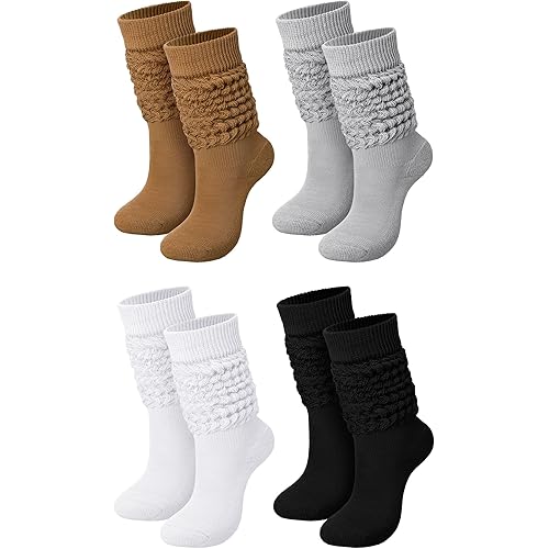 Janmercy 4 Pairs Slouch Socks for Women Bulk Stacked Boot 80s 90s Neon Slouch Knit Scrunchie Socks