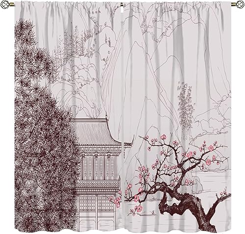 Miniatura 9 de Cortinas japonesas asiáticas con diseño de cerezo rojo, estilo tradicional de tinta, con estampado de plantas, montañas y ríos, para cocina,