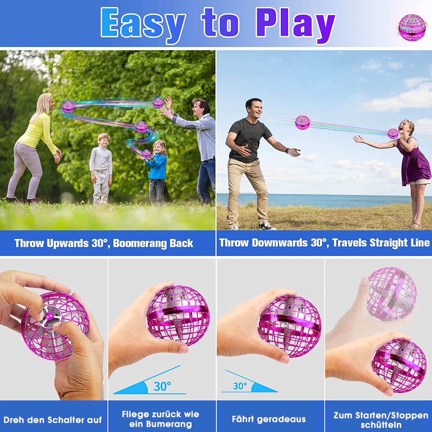 ASORT Boule Volante Lumineuse, Flying Ball Hover Ball, LED Balle Boomerang Air Ball, Fly Spinner Mini Drone Boule Volante Magique Rotative, Fly Orb pour Enfants, extérieur intérieur (Rose)