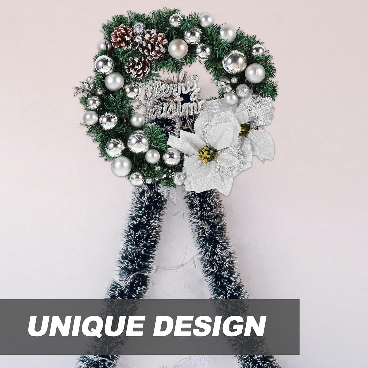 Milisten Artificial LED Christmas Wreath 40cm Silver Light Garland Battery-Operated Hanging Decorative Garland for Bedroom Indoor Holiday and Wedding Décor