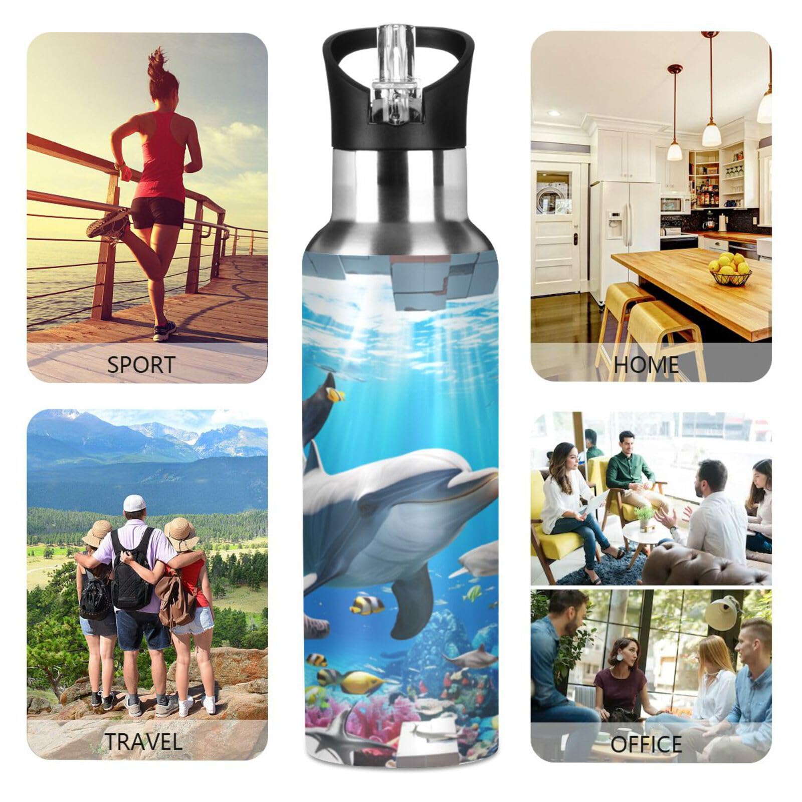 Vnurnrn Unterwasser-Delfin Trinkflasche 600ml | Vakuumisoliert Aus Edelstahl 18/8 | BPA-frei Mit Strohhalm | Für Kinder, Sport & Schule