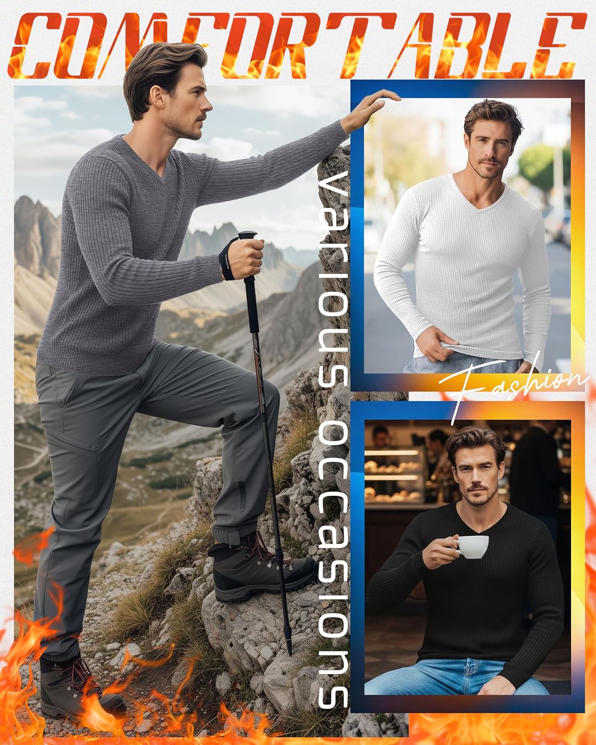 3 Pack Men's Big and Tall Thermal Shirts Cotton Fleece Lined Long Sleeve Ribbed V Neck Sweater Casual Layer - Image 3