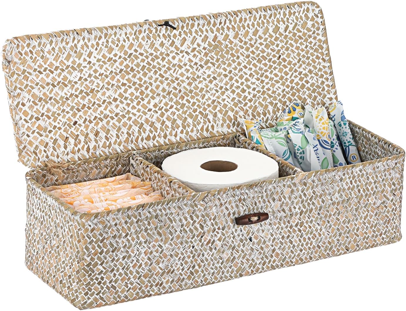 Sumnacon Extended Seagrass Storage Basket with Lid 3-Section Wicker Storage Basket,Small Woven Shelf Basket for Toiletries Tampon Storage,Seagrass Basket for Shelf Bathroom Toilet Counter,Whitewash