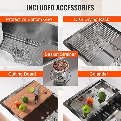 Miniatura 6 de VEVOR Fregadero individual de cocina de 32 pulgadas, fregadero de acero inoxidable 304 para montaje inferior, lavabo de granja con reborde y