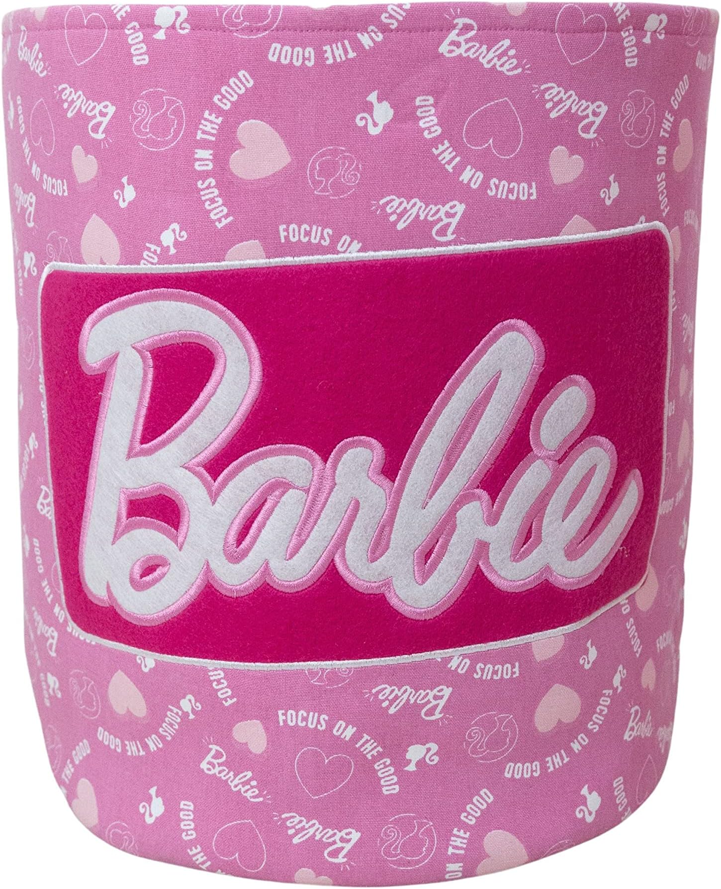 Character World Barbie Official Storage Bin | Pink Badge Design, Toy Box Laundry Basket | Organiser For Children's Bedroom, Kids Playroom | 38 x 31 x 31cm Cotton Canvas