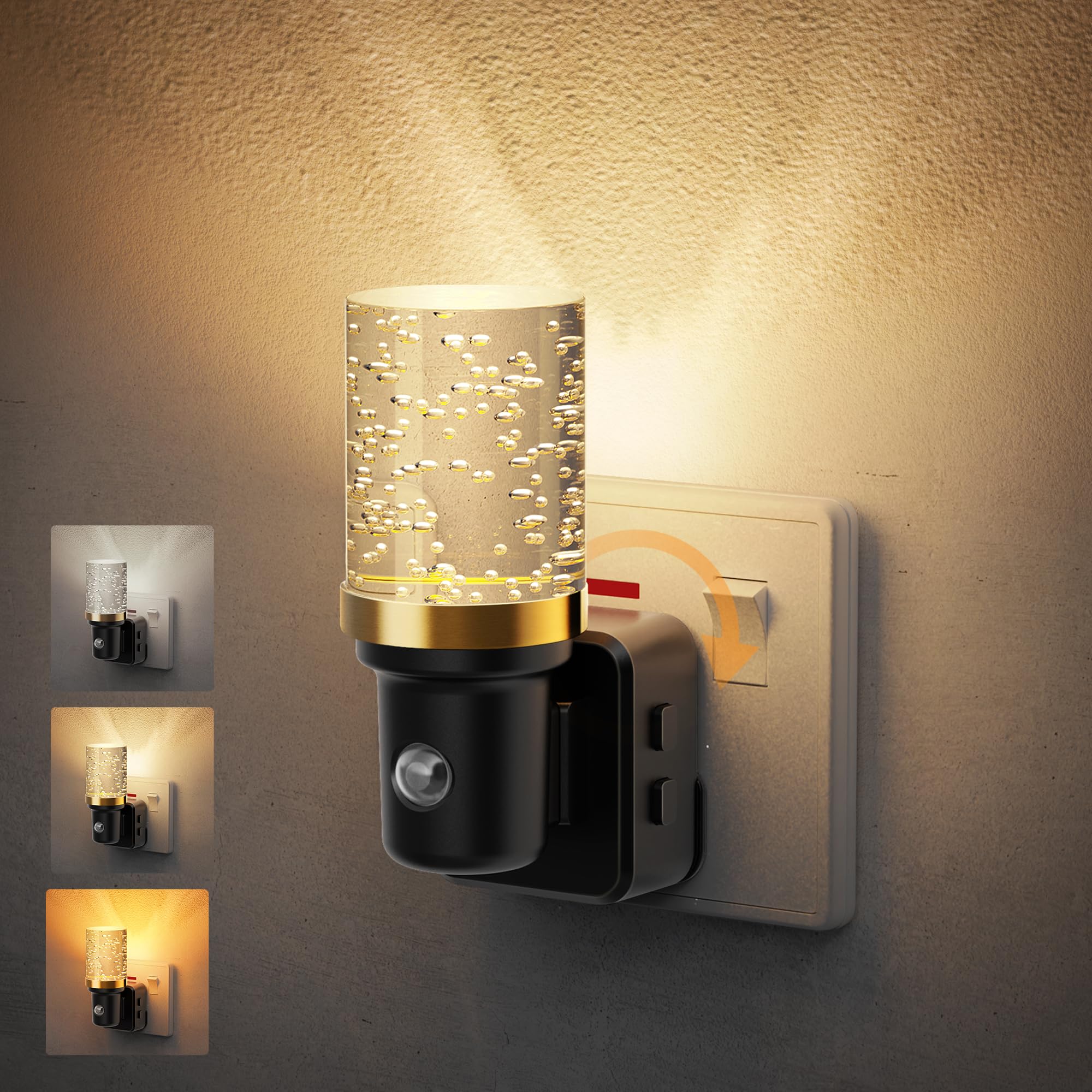 JandCase Plug in Night Light with Dusk to Dawn Sensor, Amber/3000k/5000K Adjustable Color Temperature, 3 Brightness Levels, Aesthetics Night Light Plug in Wall for Hallway, Stair, Bedroom, 1 Pack