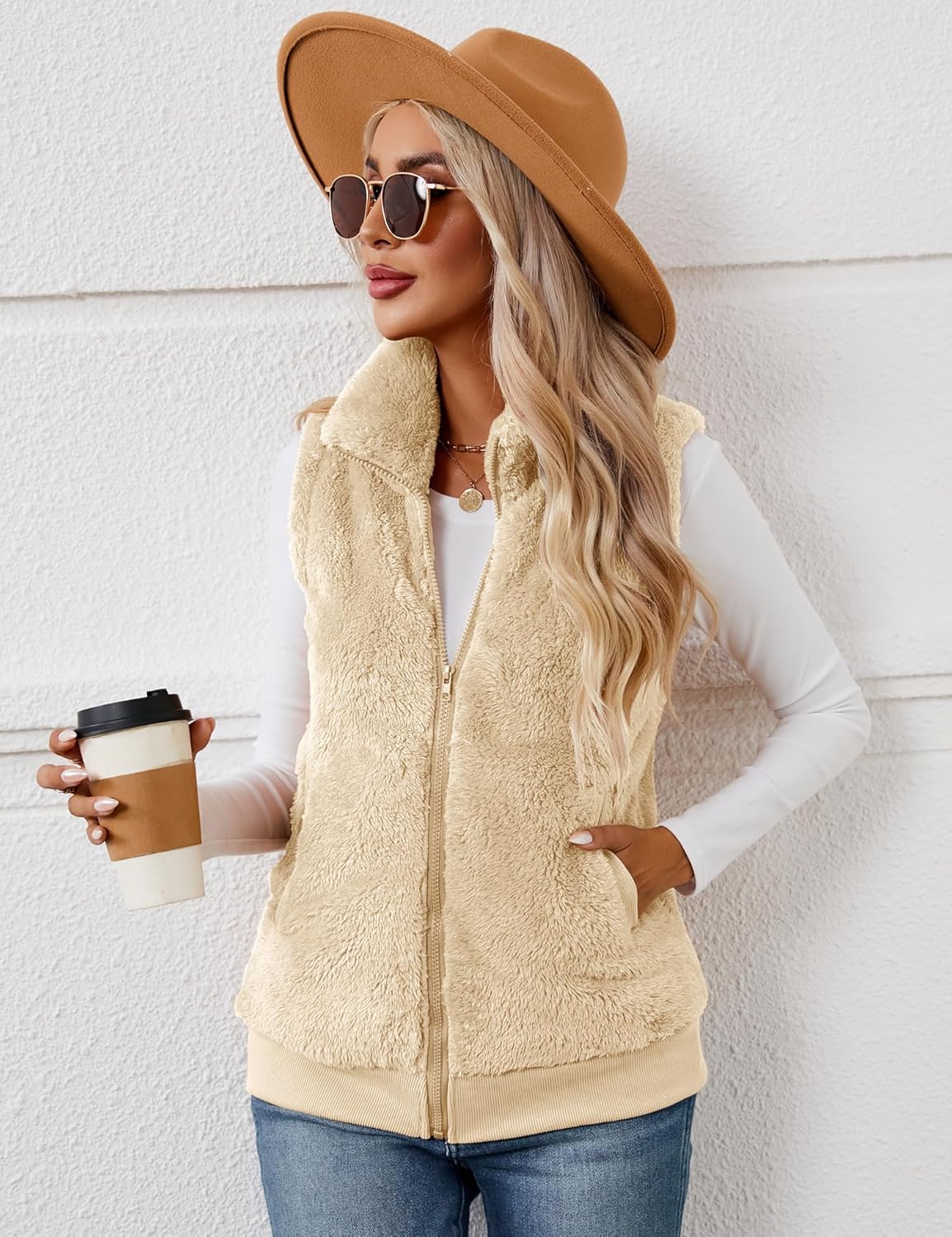 LOMON Womens Fuzzy Fleece Vest, Casual Warm Sleeveless Zip Up Sherpa Vest Jacket with Pockets for Fall/Winter - Image 2