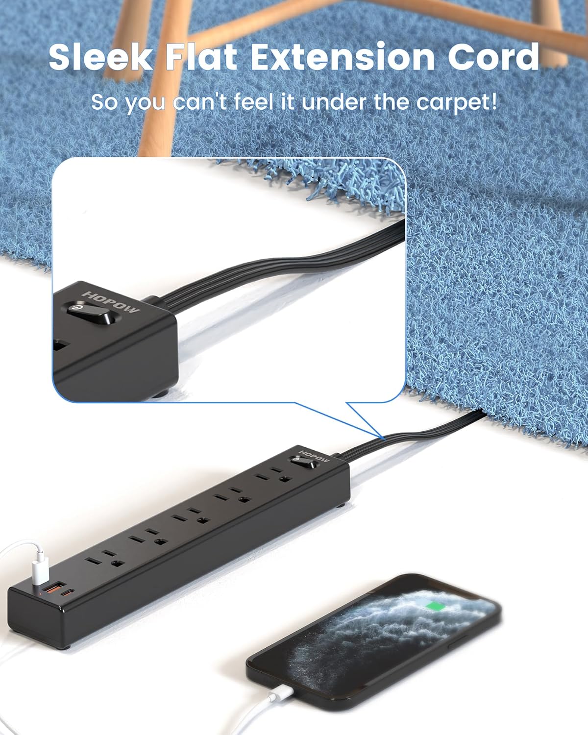 HOPOW Flat Plug Power Strip, 6 &10 Ft Ultra Thin Flat Extension Cord, Surge Protector with 5 Outlets & 2-3 USB Ports (2 USB C), 1700 Joules, Wall Mount, Desktop Charging Station for Home Office Dorm