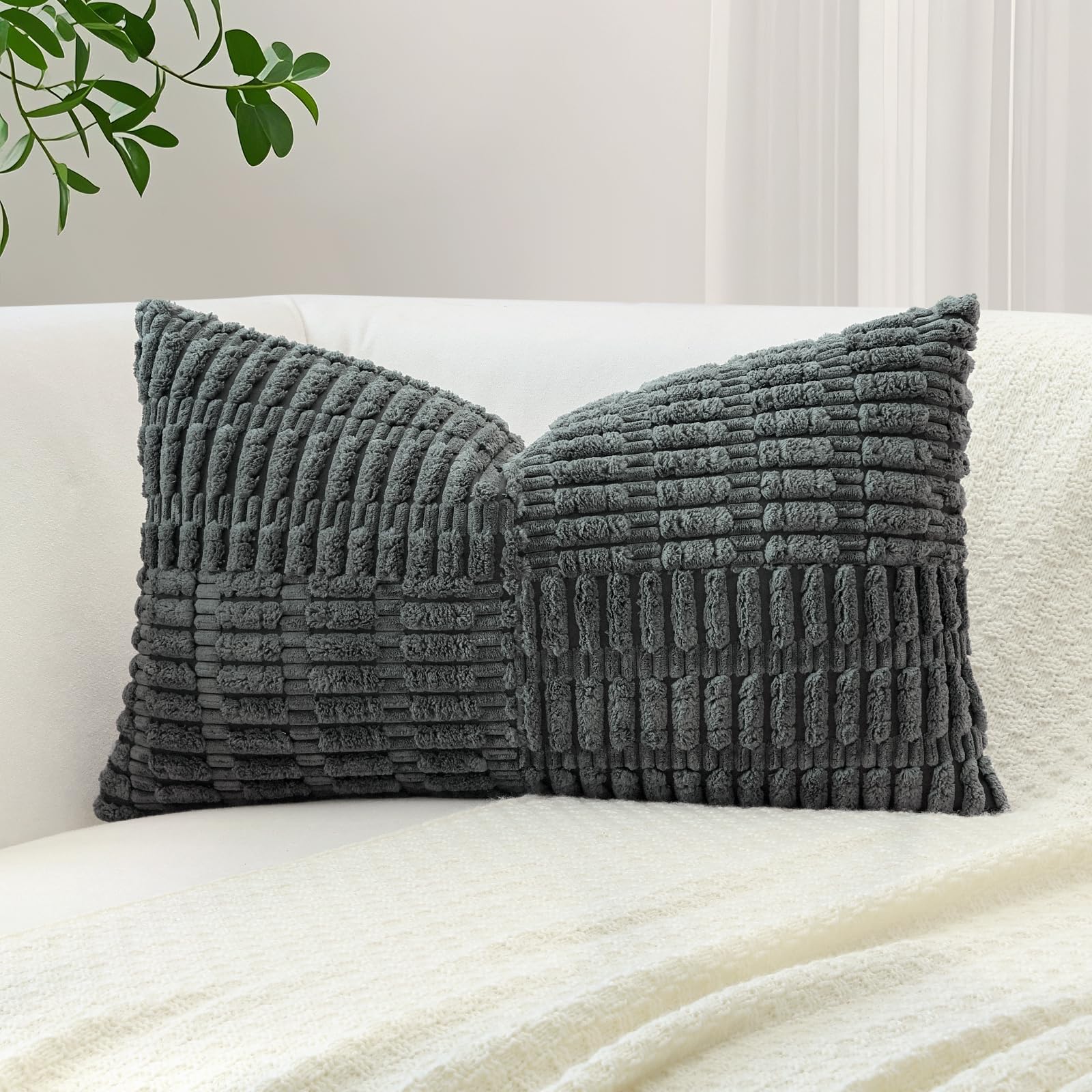 Sungeek Set of 1 Decorative Cushion Cover 40 x 60cm Soft Corduroy Striped Cross Patchwork Textured Pillow Case Boho Farmhouse Lumbar Throw Pillow Cover for Sofa Bed Patio 16x24 Inch, Dark Grey — image 1
