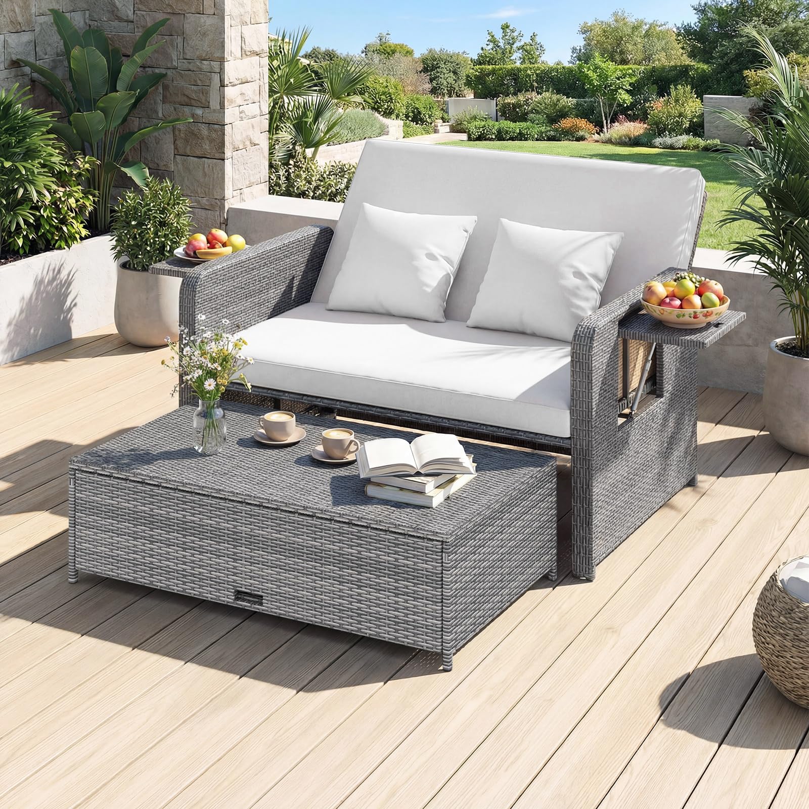 GIANTEX Set Divano da Esterno con Letto da Giorno 2 Pezzi, Divano a Due Posti in Rattan PE con Pouf Contenitore, Schienale Regolabile, Tavolini Laterali Richiudibili e Cuscini Morbidi (Bianco)