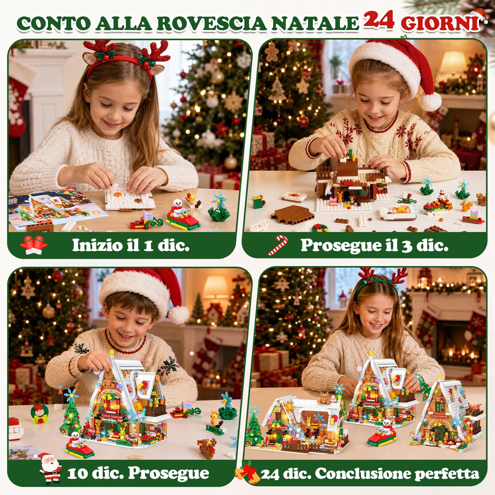 MOONTOY Calendario dell'Avvento 2026, Casa di Pan di Zenzero 3-in-1 con Luci LED, 24 Giorni di Sorprese Set di Costruzioni, Decorazione Natalizia Regalo di Natale Albero per Bambini Adulti dès 8 Ans