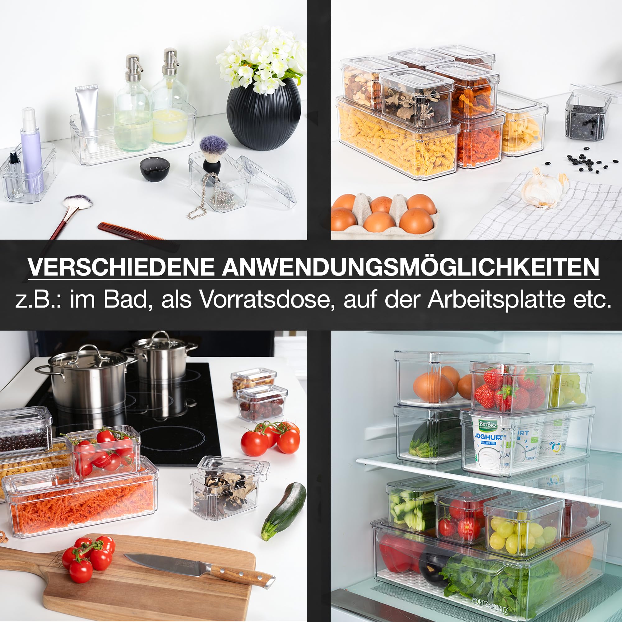Moritz & Moritz 10er Pack Kühlschrank Organizer Set mit Deckel - Kühlschrank Boxen Stapelbar - Kühlschrankboxen Transparent - Robust - Aufbewahrungsboxen für Küche Vorratsschrank Schublade