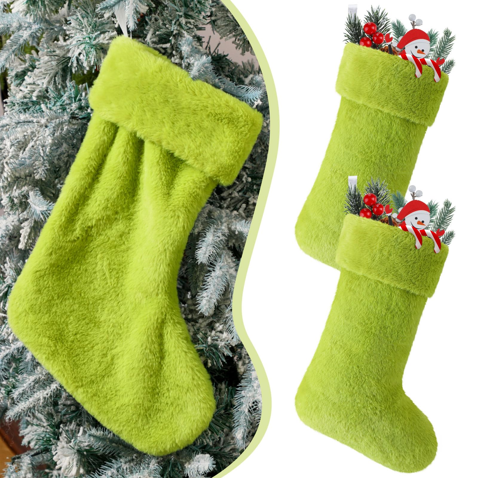 JOVITEC 2 Stück 50,8 cm Kunstfell, Weihnachtsstrümpfe, schneebedeckte Strümpfe, Weihnachtsstrümpfe, Kamin, hängende Strumpf für Urlaubsdekoration (grün)