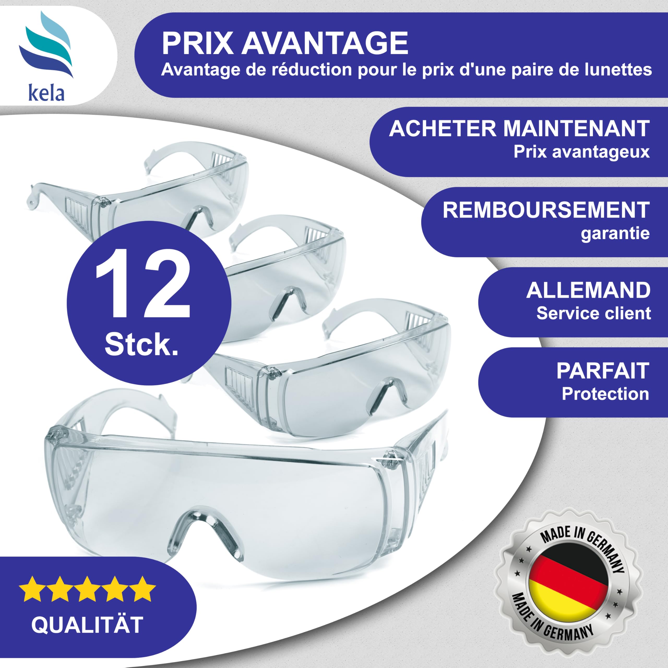 kela 12x Lunettes de protection P1S1 I Fabriqué en Allemagne | Lunettes de sécurité sans éclats avec revêtement anti-buée I légères et transparentes I Surlunettes pour porteurs de lunettes