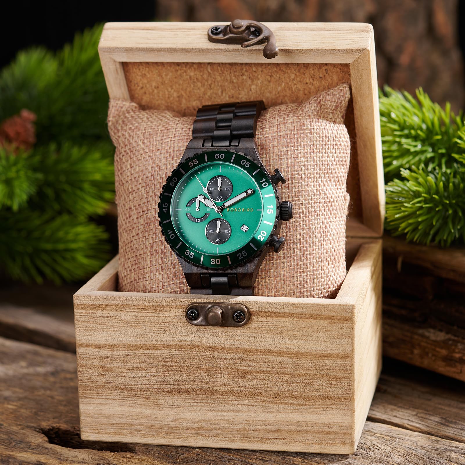 BOBO BIRD Orologio da uomo in legno, cronografo, al quarzo, con datario, quadrante grande 43 mm, lancette luminose, orologio da polso in legno naturale e acciaio inossidabile, regalo per lui