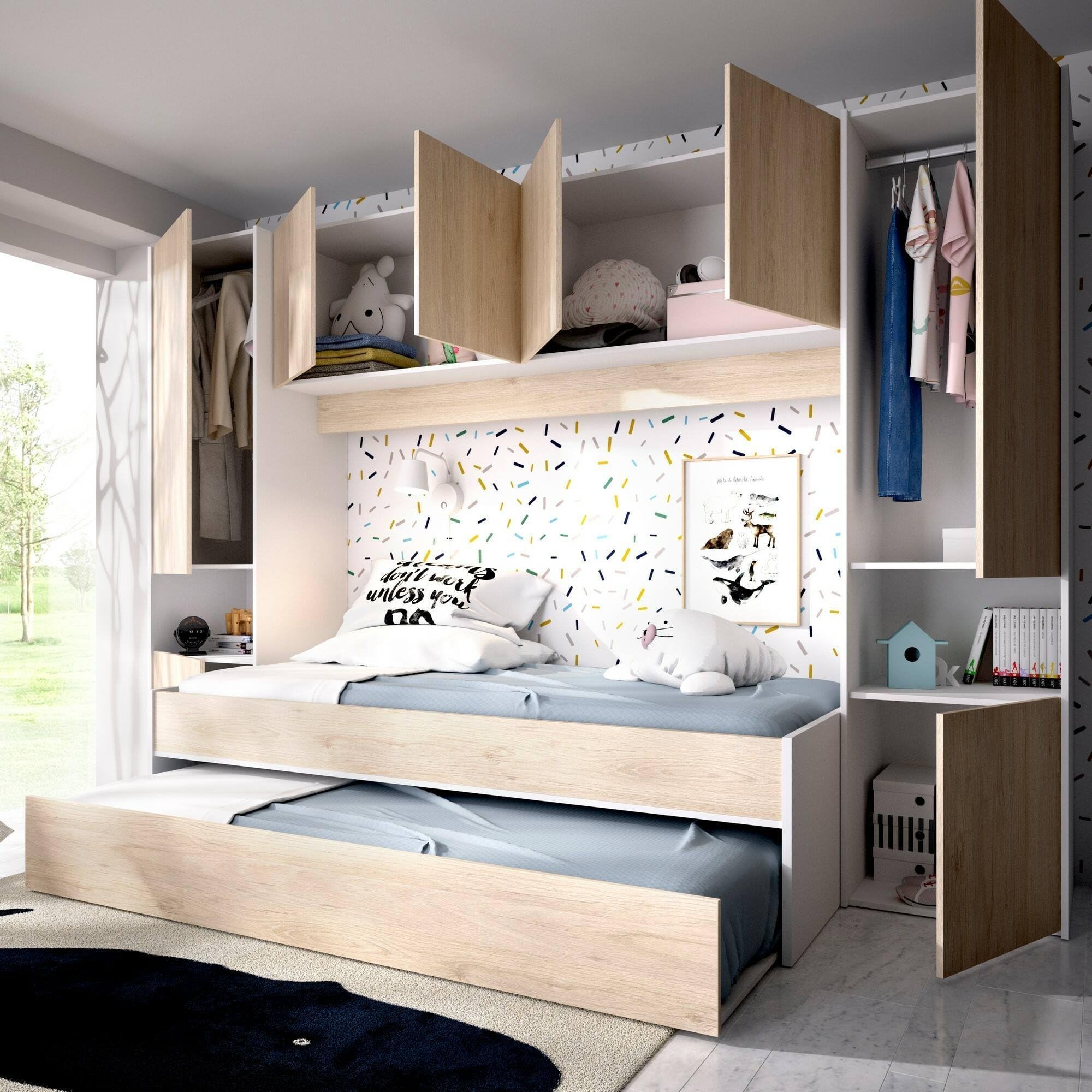 Dmora - Letto per bambini Venturosa, Cameretta completa con armadio a ponte e cassettone, Composizione con letto e lettino singolo estraibile, 303x97h203 cm, Rovere e Bianco