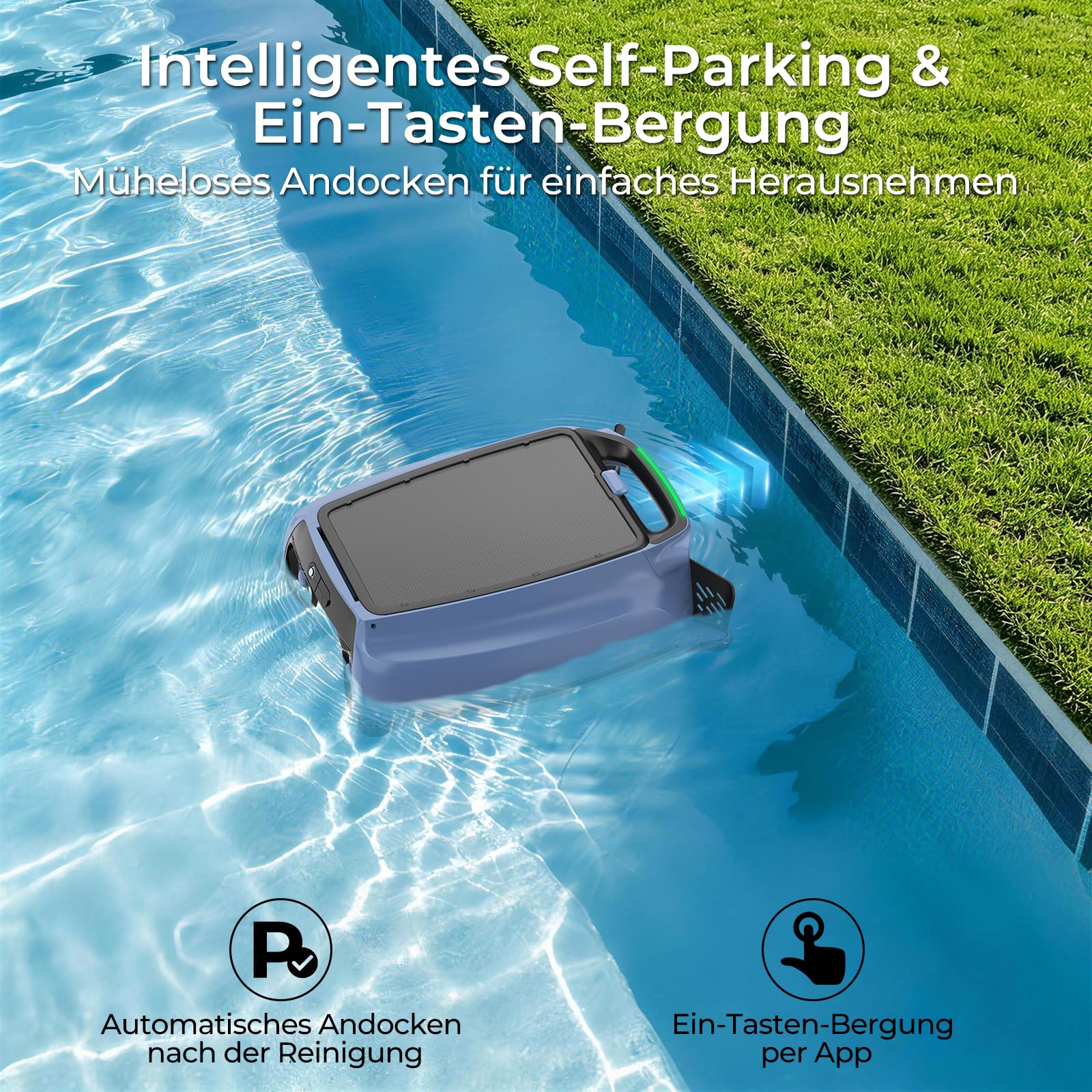 PS100 Solar Pool Skimmer Roboter, Kabelloser Poolroboter | Aktives Solar-Tracking, App-Steuerung, 24/7 Oberflächenreinigung, 6L Filterkorb, Ultraschall-Hinderniserkennung für alle Pool