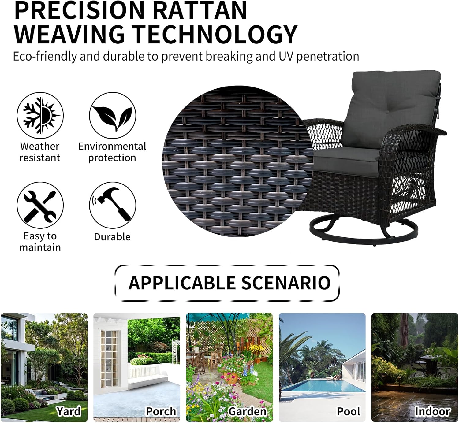 SHGJ&SOFT 3 Piece Patio Furniture Set, 2 Outdoor Swivel Rocking Chairs with Side Table, Wicker Glider Chairs, All-Weather Rattan Bistro Set for Porch, Deck, Pool (Grey, Brown Open-Weave Rattan)