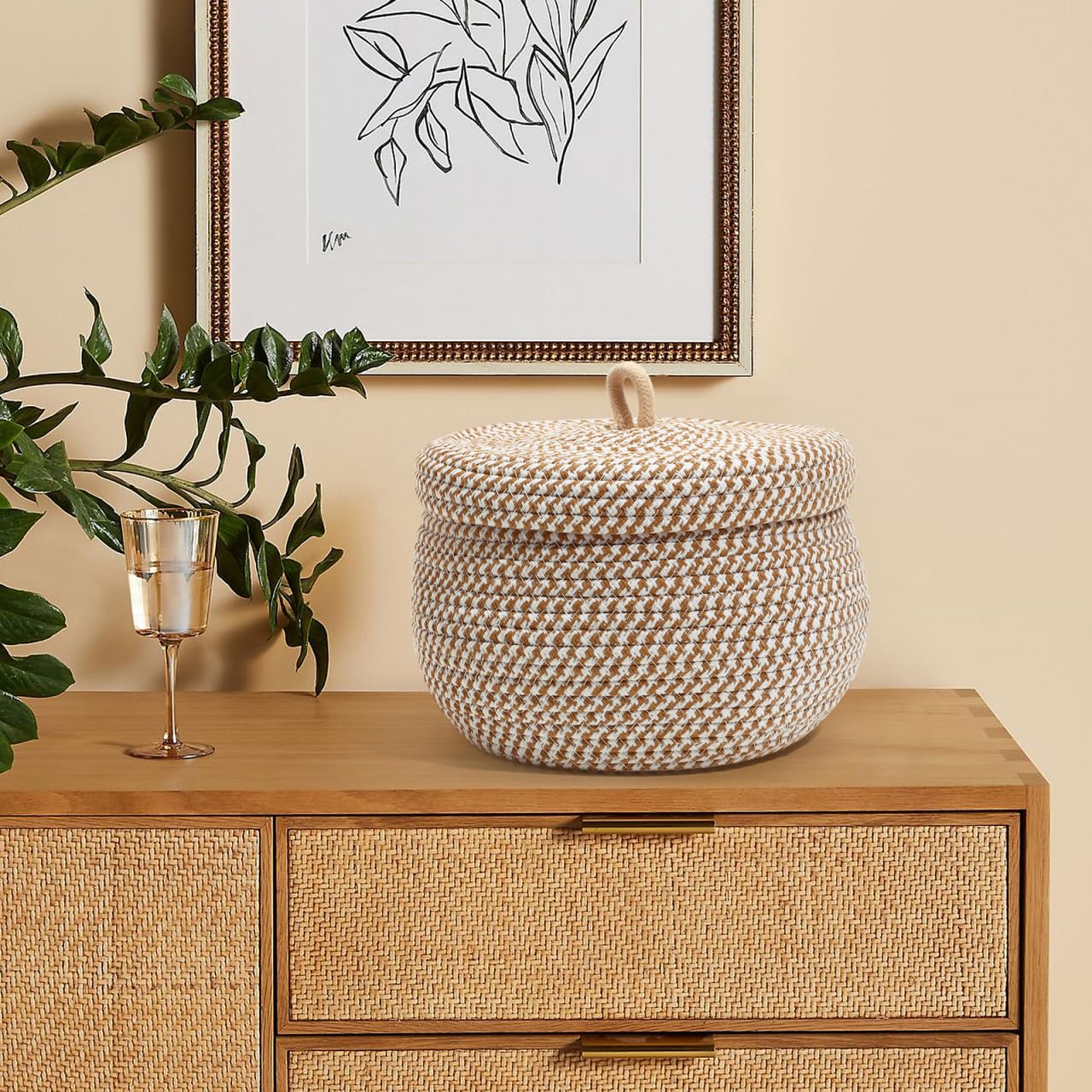Alipis Piccolo cesto decorativo in corda con coperchio cestino portaoggetti da scrivania in cotone intrecciato per soggiorno