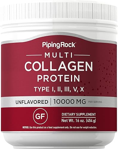 Piping Rock Proteína en polvo multicolágeno | 16 onzas sin sabor | Tipo I II III V X | Suplemento complejo de péptidos de 10000 mg para hombres y