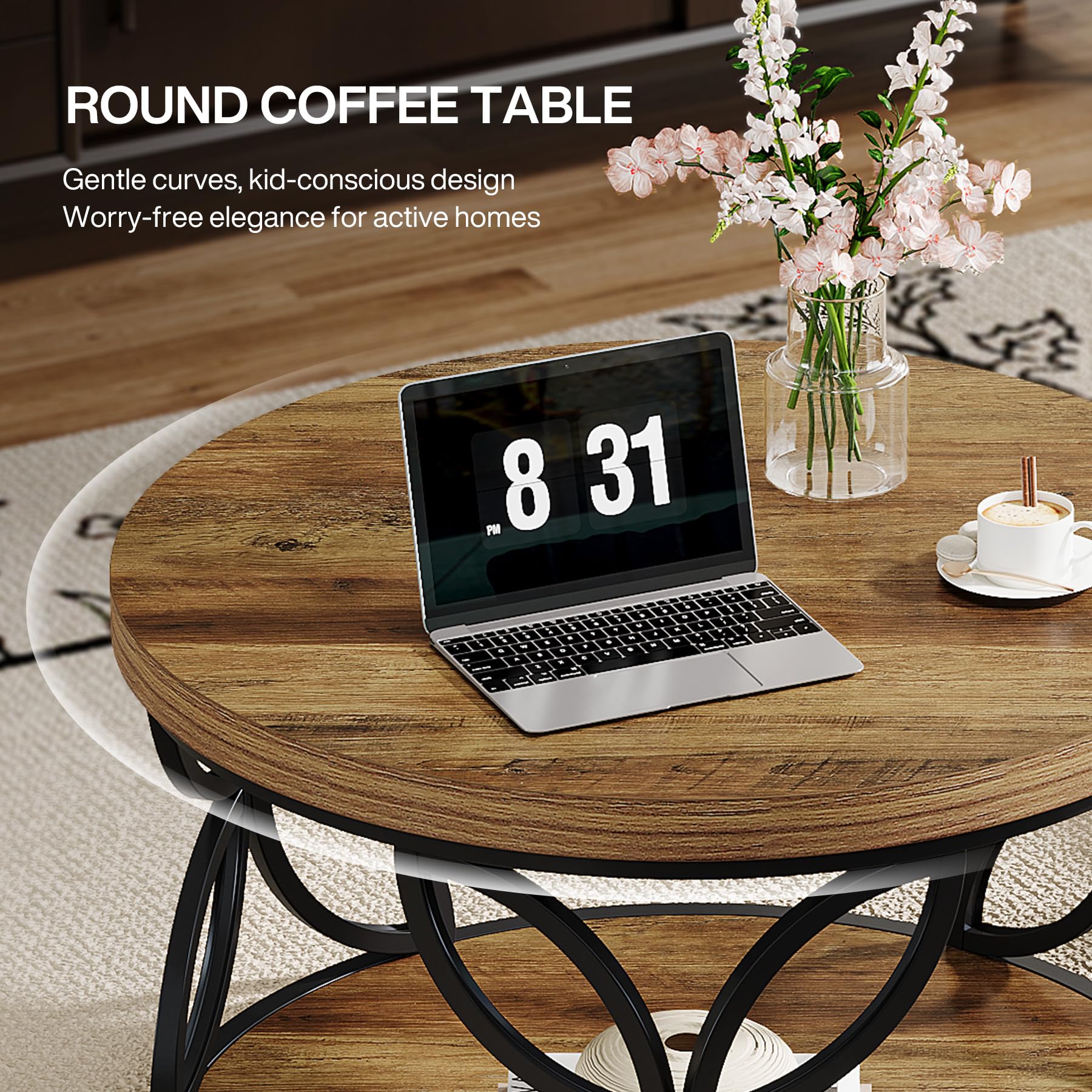 Tribesigns Couchtisch Rund 80 cm mit Stauraum, Runder Couchtisch mit Ablage, 2 Ebenen Wohnzimmertisch im Landhausstil, Sofatisch Holz Metall für Wohnzimmer, Büro, (Rustikal Braun)