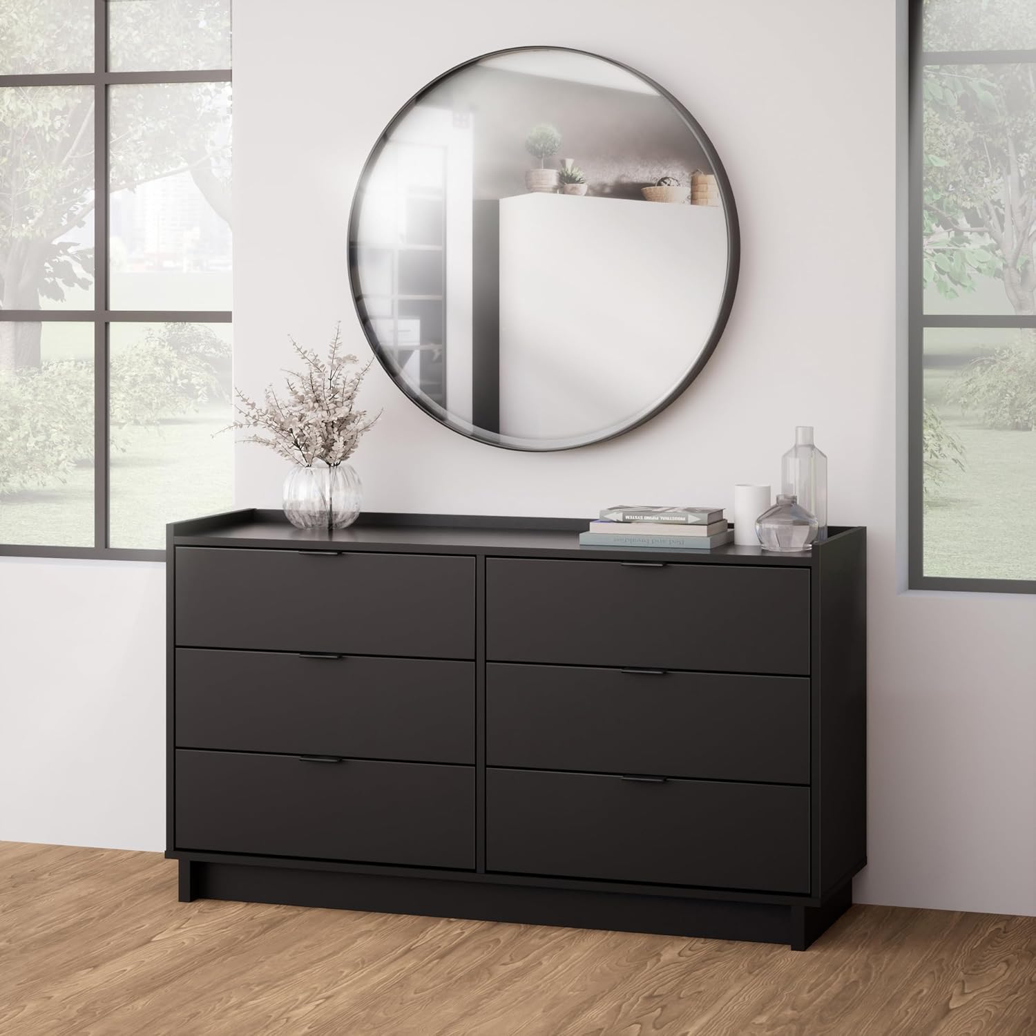 Prepac Simply Modern 6-Drawer Double Dresser for Bedroom, Chest of Drawers, Modern Bedroom Furniture, 52.5” wide x 16” deep x 29.5” tall, Black Simply Modern Black