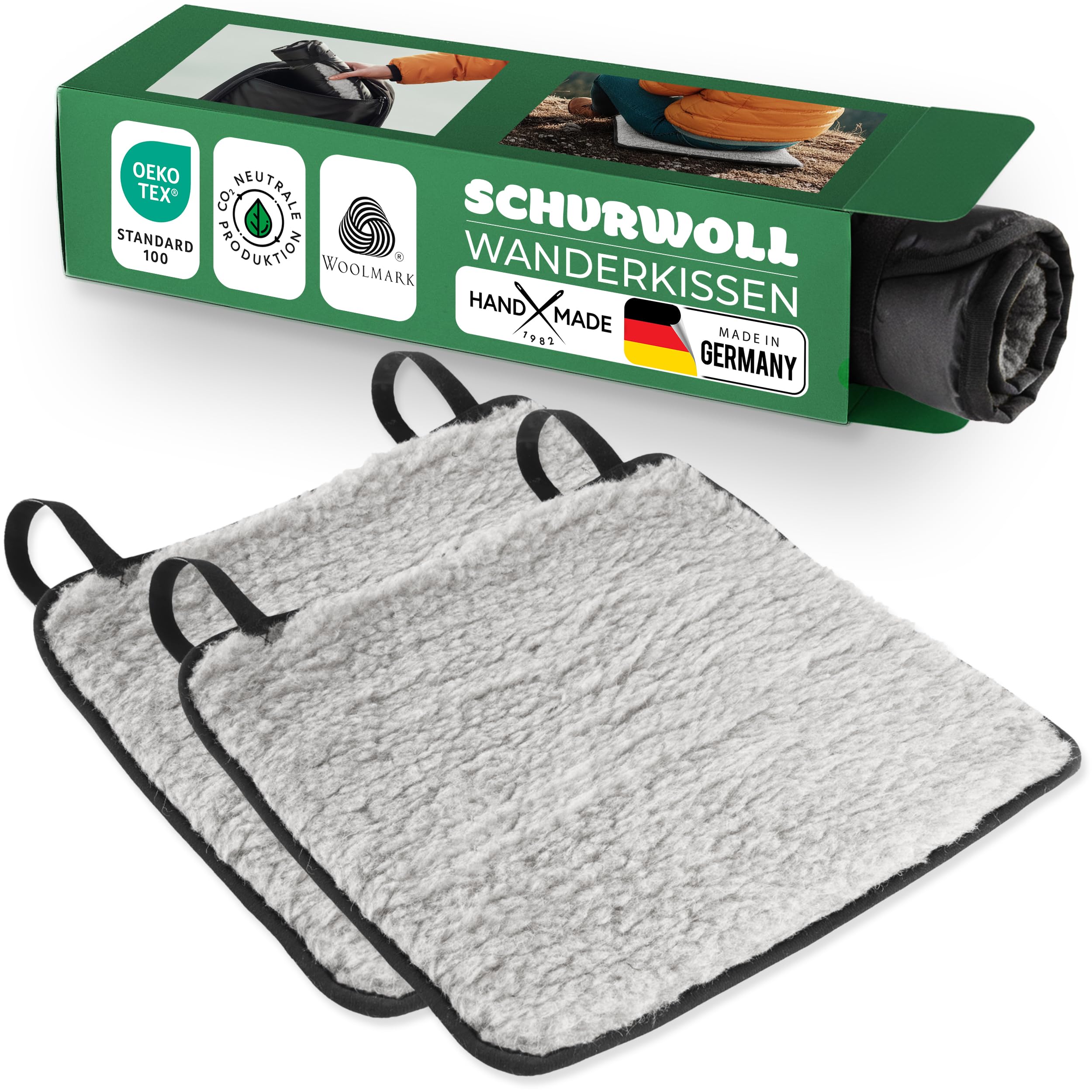 Novaliv 2er Set Sitzkissen Outdoor 38 x 38 cm Grau, Wanderkissen Schurwolle, PA-Rückseite wasserabweisend, Thermo wärmend, atmungsaktiv, rucksacktauglich – Camping, Trekking, Tour, Picknick