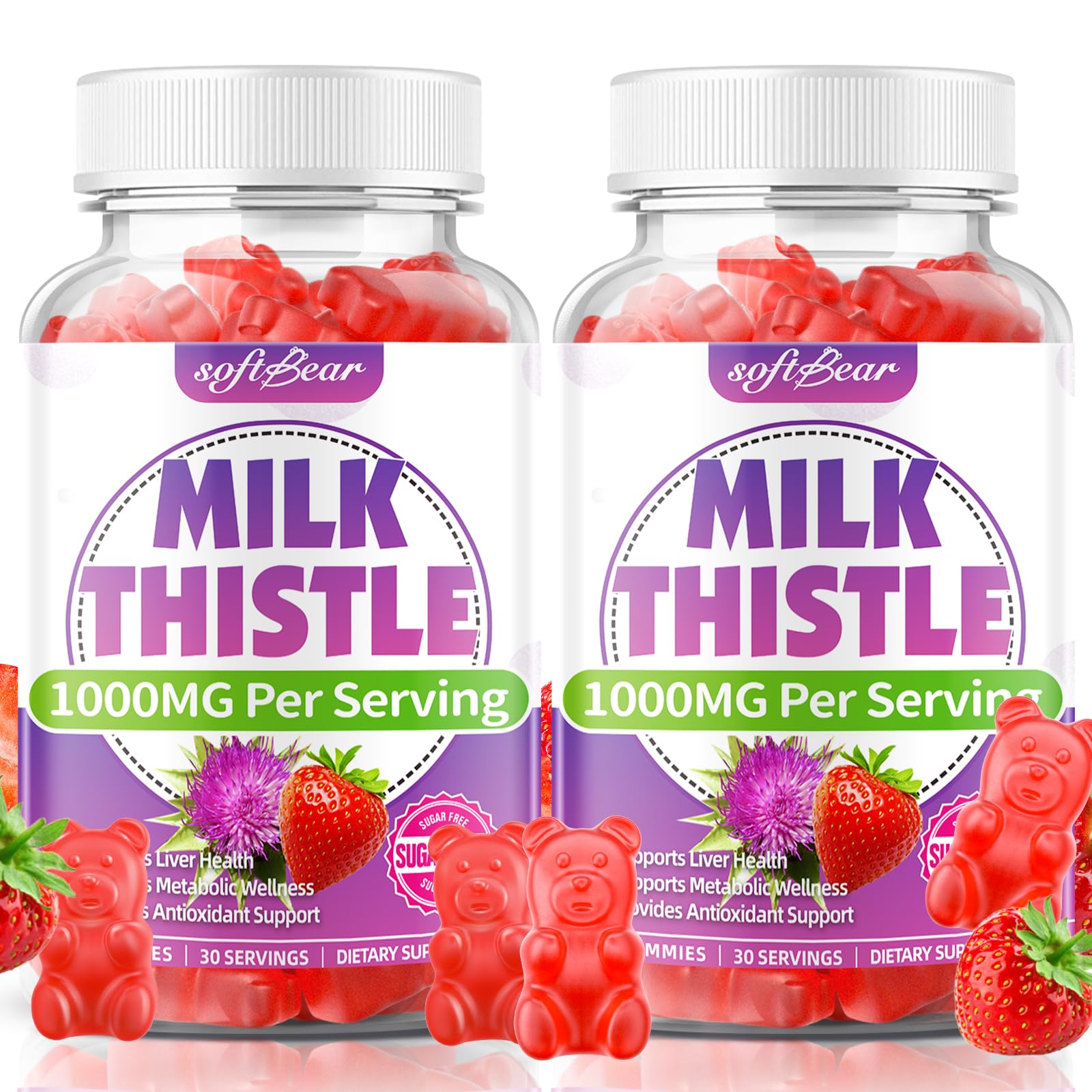 softbear Milk Thistle Gummies 1000mg Organic Milk Thistle Supplement for Liver & Antioxidant Support, Sugar-Free/Vegan/Gluten-Free, Strawberry Flavor 120 Count Strawberry 60 Count (Pack of 2)