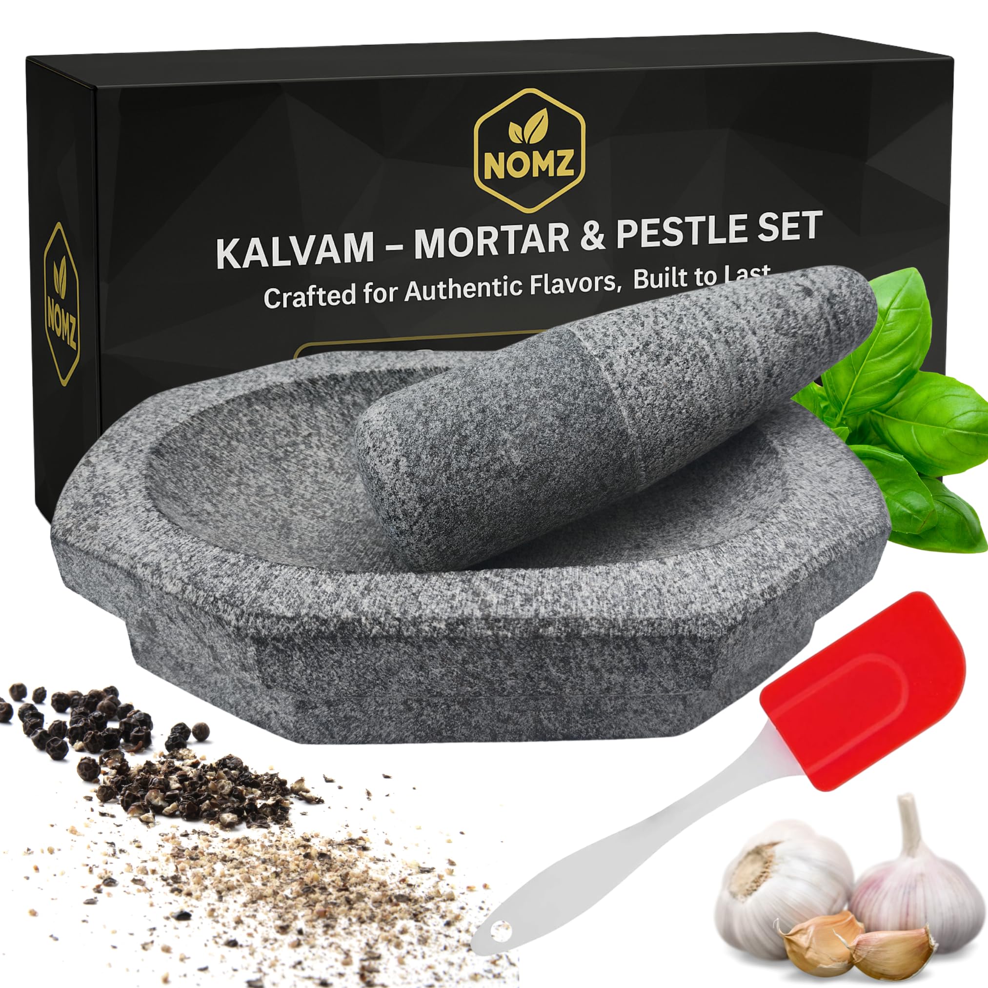 NOMZ Kalvam Stone Mortar Pestle for Kitchen With Anti-Skid Pad and Silicone Spatula | Okhli | Idi Kallu| Silbatta for Chutney,Ginger Garlic Crusher, Spice Grinding (Big Size,2 Cups,10 inches)