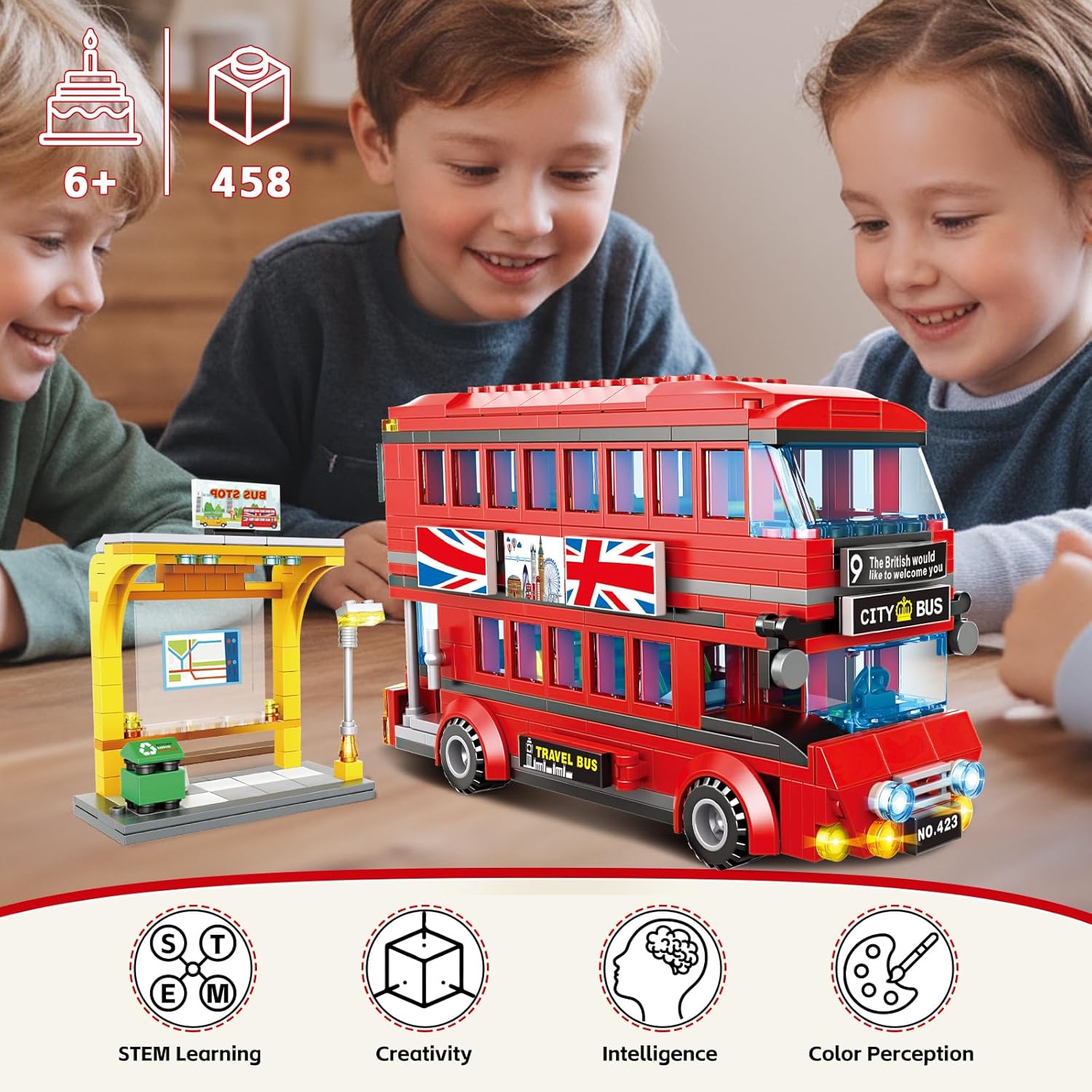 London City Bus Building Blocks Set for Kids 458PCS Double Decker Sightseeing Bus Model Kit Compatible with Lego Push-and-Go Vehicle Construction Toy Gift for Boys Girls Ages 6+ Collectors Home Decor