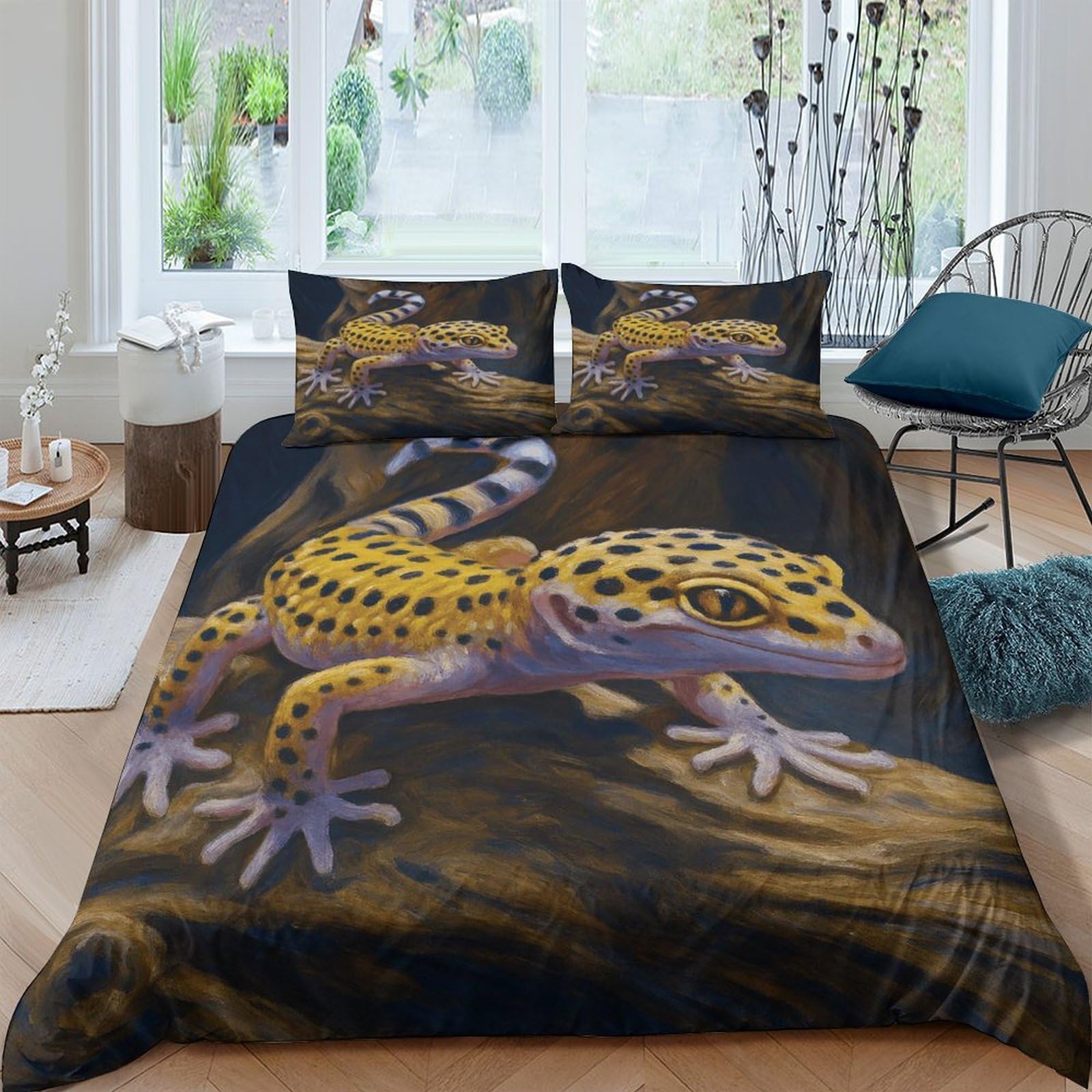 3D Print Ultrasoft Microfibre Gecko reptile painting Bedding Quilt Cover Easy Care Bedding Set w/Pillowcase Wildlife art Bed Quilt Cover All Season Soft Washable for Home Decor Single（140x200cm）